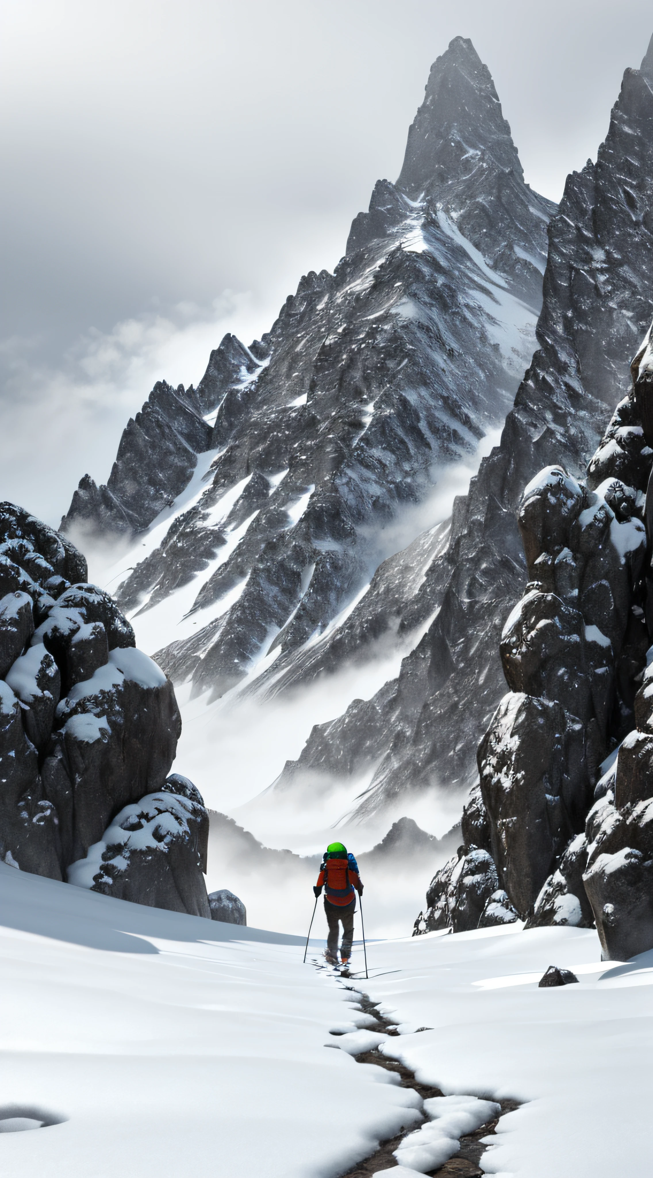 Mountain climber hiking up a mountain, snowy, cold, foggy and misty, overcast day, raytracing, detailed, rocks and ice