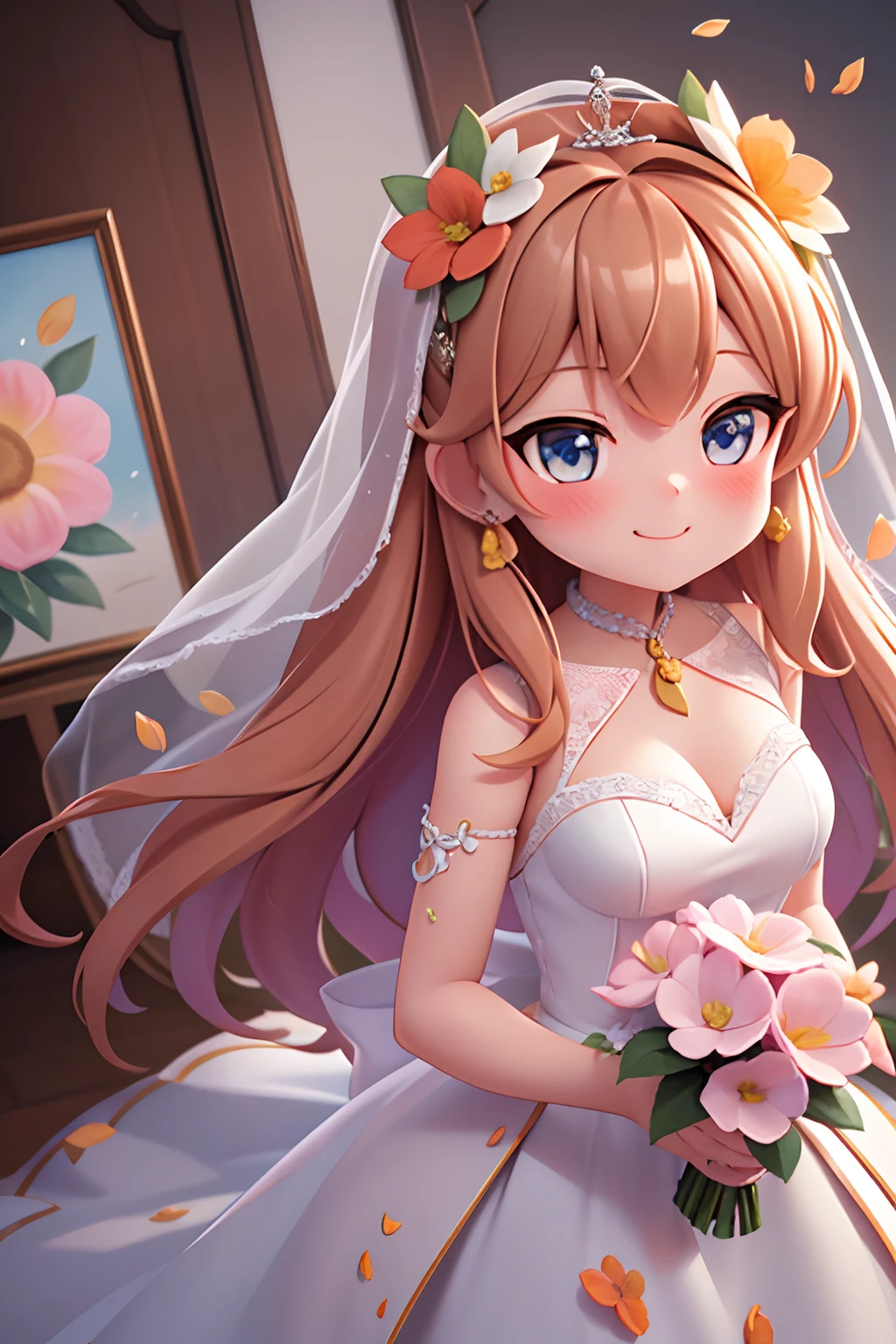 photoRealstic、Nendroids in wedding dress standing in front of the painting、A smile、watercolor Nendoroid、(High Definition Figure)、Flowing iridescent silk、up of face、Eye Up、Colorcon with heart pattern、Floral dress、There are also flowers in front of the nendroids、flower petals、season!!: 夏天☀ 🍂