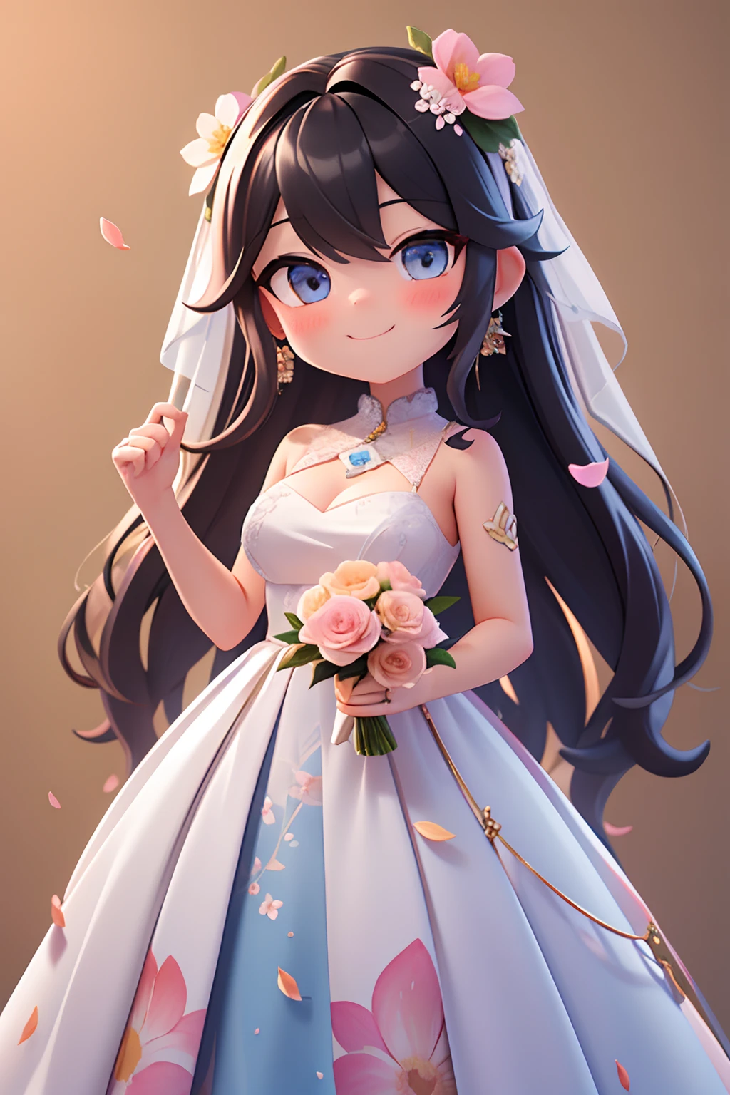 photoRealstic、Nendroids in wedding dress standing in front of the painting、A smile、watercolor Nendoroid、(High Definition Figure)、Flowing iridescent silk、up of face、Eye Up、Colorcon with heart pattern、Floral dress、There are also flowers in front of the nendroids、flower petals、season!!: 夏天☀ 🍂