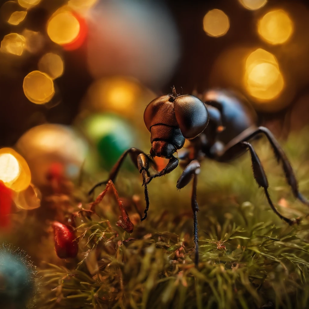 an ant surrounded with many gifts in shiny Christmas with colorful light