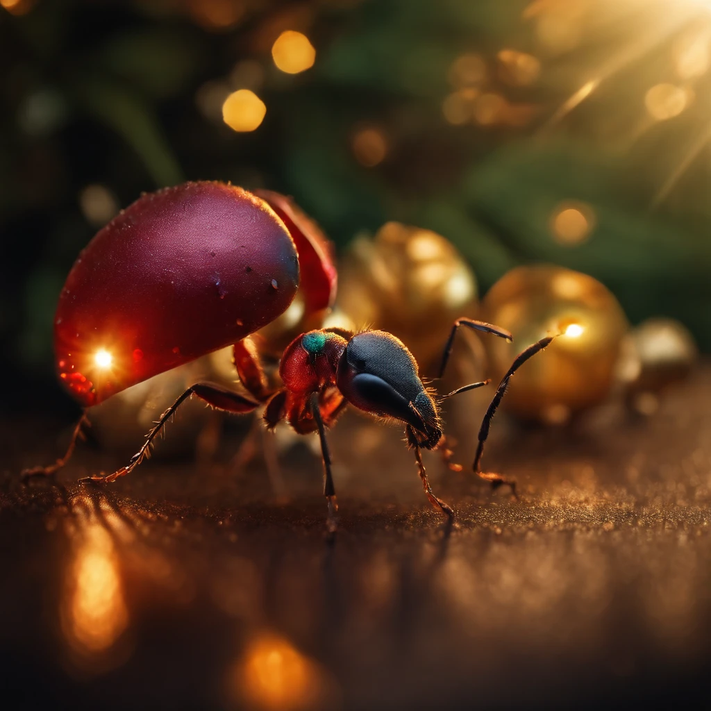 an ant surrounded with many gifts in shiny Christmas with colorful light