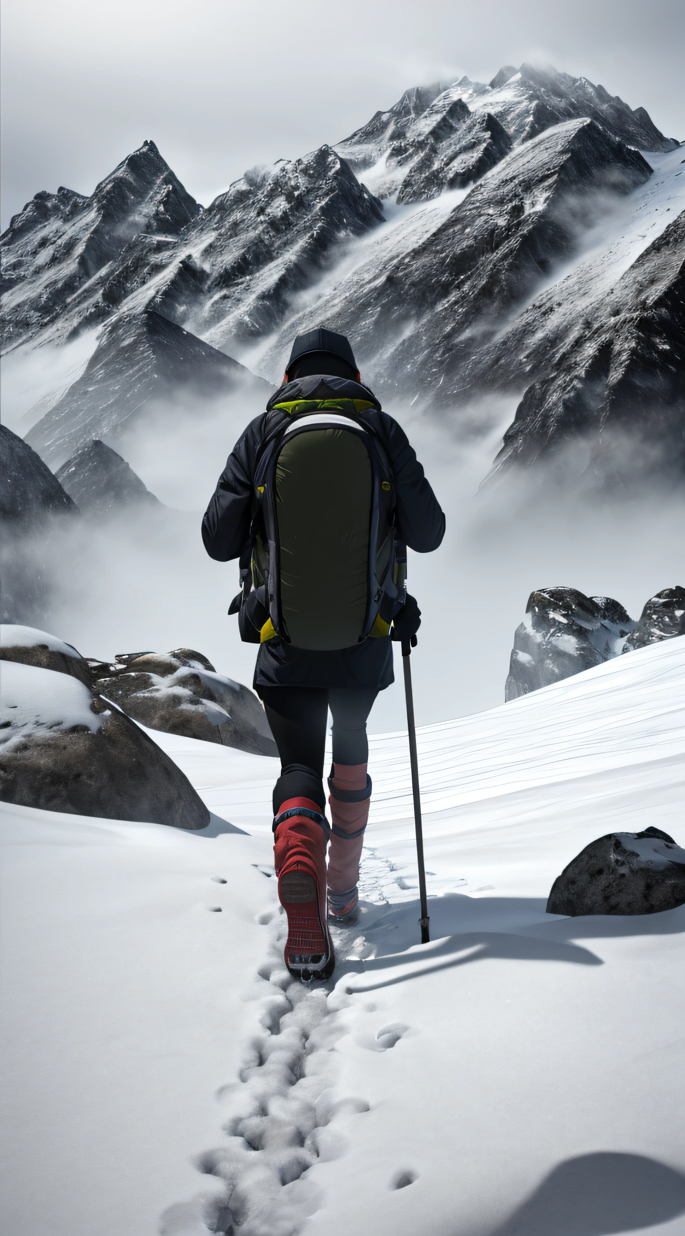 Mountain climber hiking up a mountain, snowy, cold, foggy and misty, overcast day, raytracing, detailed, rocks and ice