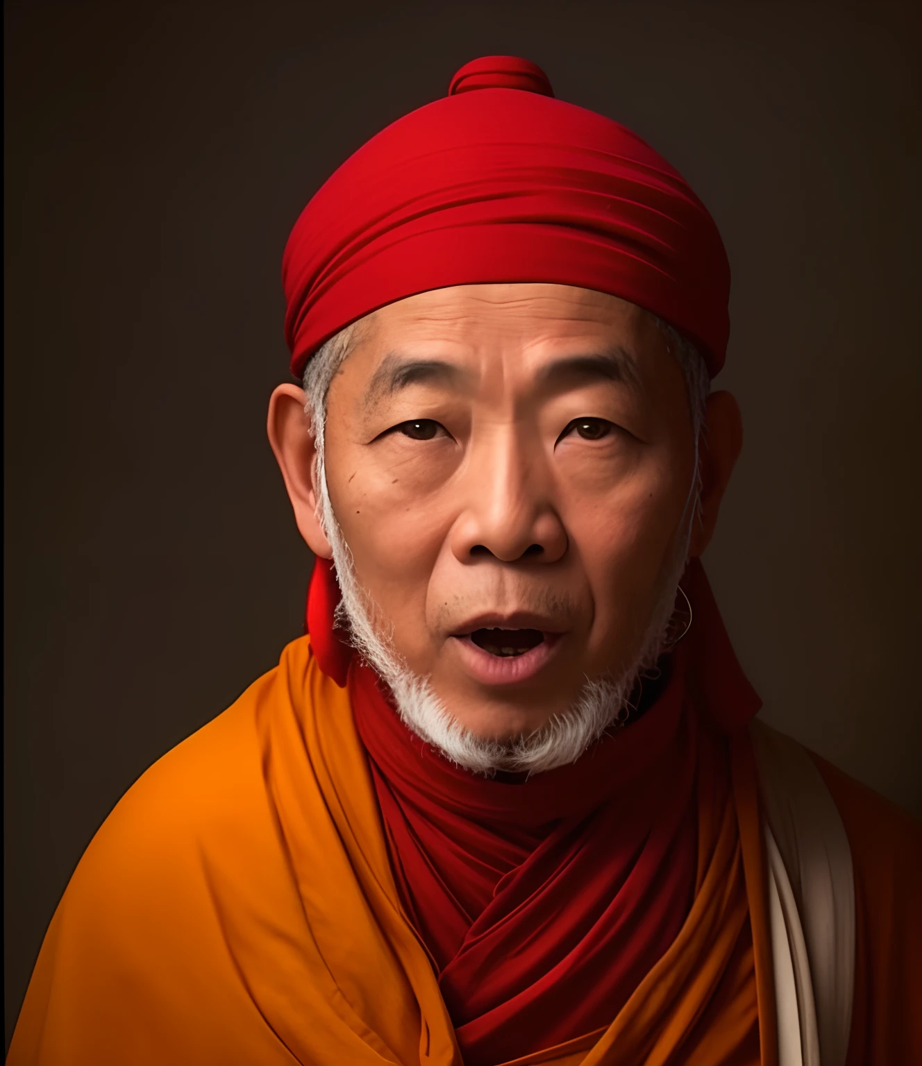 Alafid man wearing a red turban and red scarf, portrait of monk, buddhist monk, monk, portrait shooting, 2 1 st century monk, monk meditation, Taoist, omar shanti himalaya tibet, Buddhist, Asian people, Buddhist monk meditation, naranbaatar ganbold, Photo portrait, inspired by Steve McCurry, color portrait