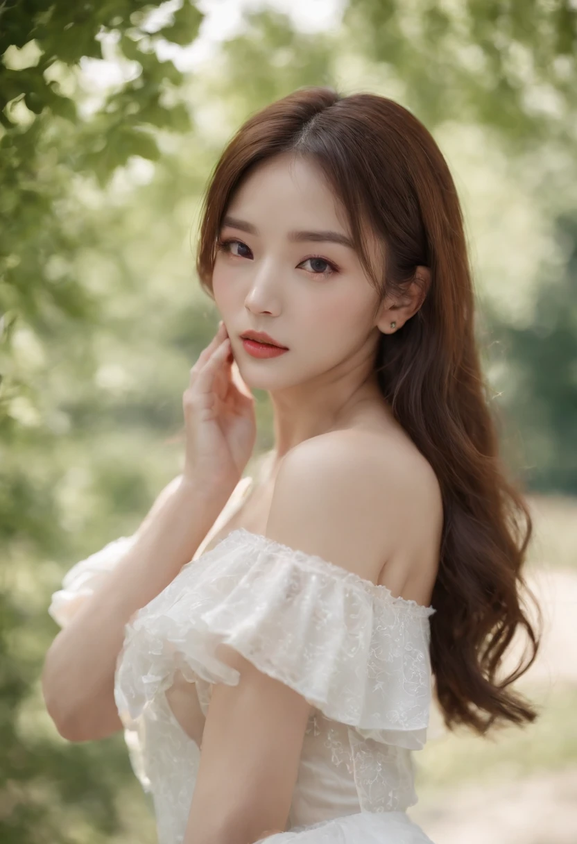 (8k, RAW photo, best quality, masterpiece:1.2), (realistic, photo-realistic:1.37), professional lighting, photon mapping, radiosity, Korean Doll, park, white summer dress , black sexy  pantyhose  , deep decolte , showing  her  bobs .