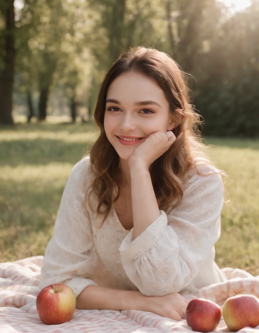 Girl smiling on picnic blanket,There were apples and bread,picnic table, Surrealist fashion photography style, White and gold, Animated GIFs, photo taken with ektachrome, sportrait, self - portrait, Kawaii fashion (medium long shot)