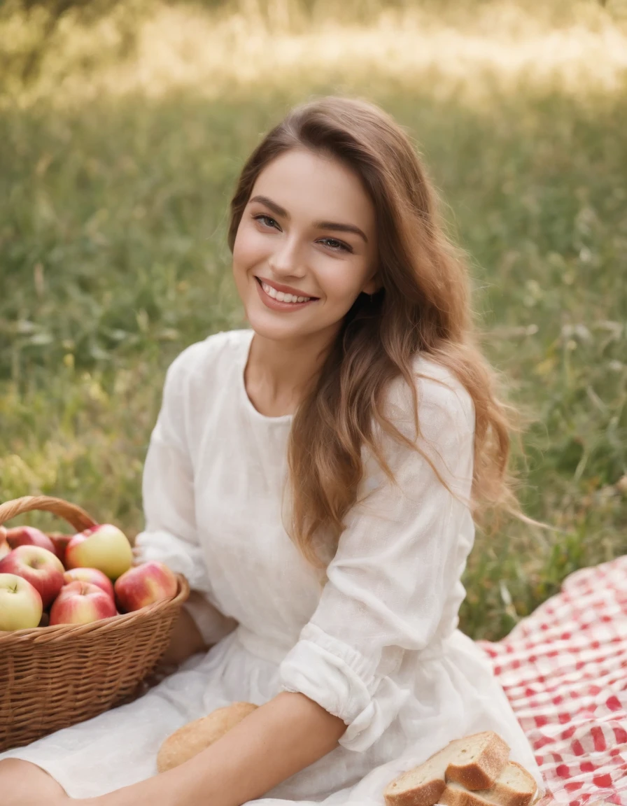 Girl smiling on picnic blanket,There were apples and bread,picnic table, Surrealist fashion photography style, White and gold, Animated GIFs, photo taken with ektachrome, sportrait, self - portrait, Kawaii fashion (medium long shot)