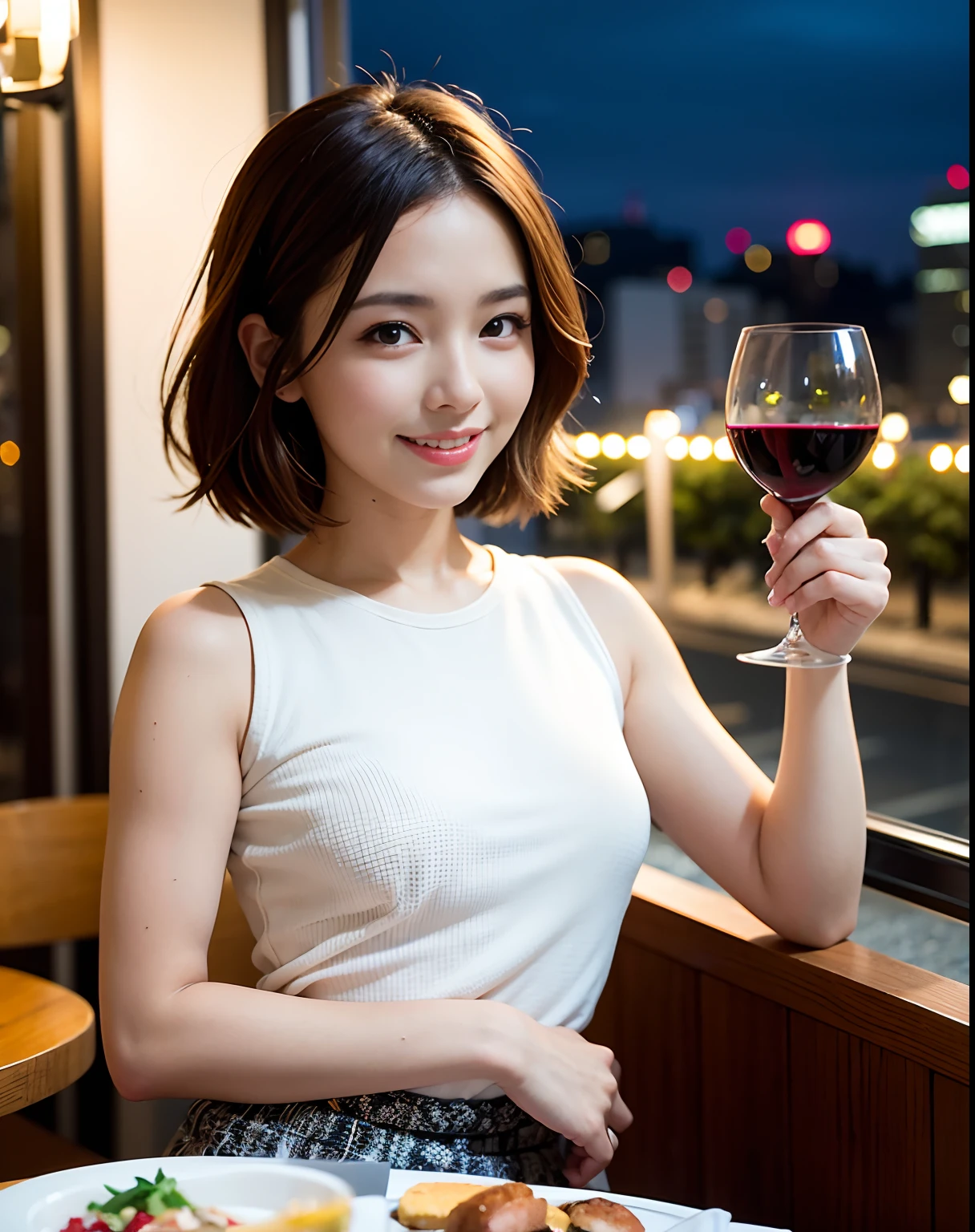 (64K, UHD, top quality, masterpiece: 1.2), (realistic, photorealistic: 1.37), super detailed, pretty woman 1 person, (slim face), (slim body), (brown hair), (short cut), cheeks slightly blushing, (44 years old), 38 years old, solo, beautiful detailed urban night view outside the window, restaurant, wine glasses sit, at night, in a prominent placeNovaFrogStyle, Actress, Model, Waist Up, White Wine, Slim, Wine Glass, Super Clean Night View, Wine Glass Put in the Middle, Happy Smile, (Smile: 1.15), Beautiful Fine Eyes, Upper Body, Bust Japan Up, Night, Short, Short, Actress, Model, Waist Up, White Wine, Slim, Wine Glass, Super Clean Night View, Wine Glass Put in the Middle, Happy Smile,