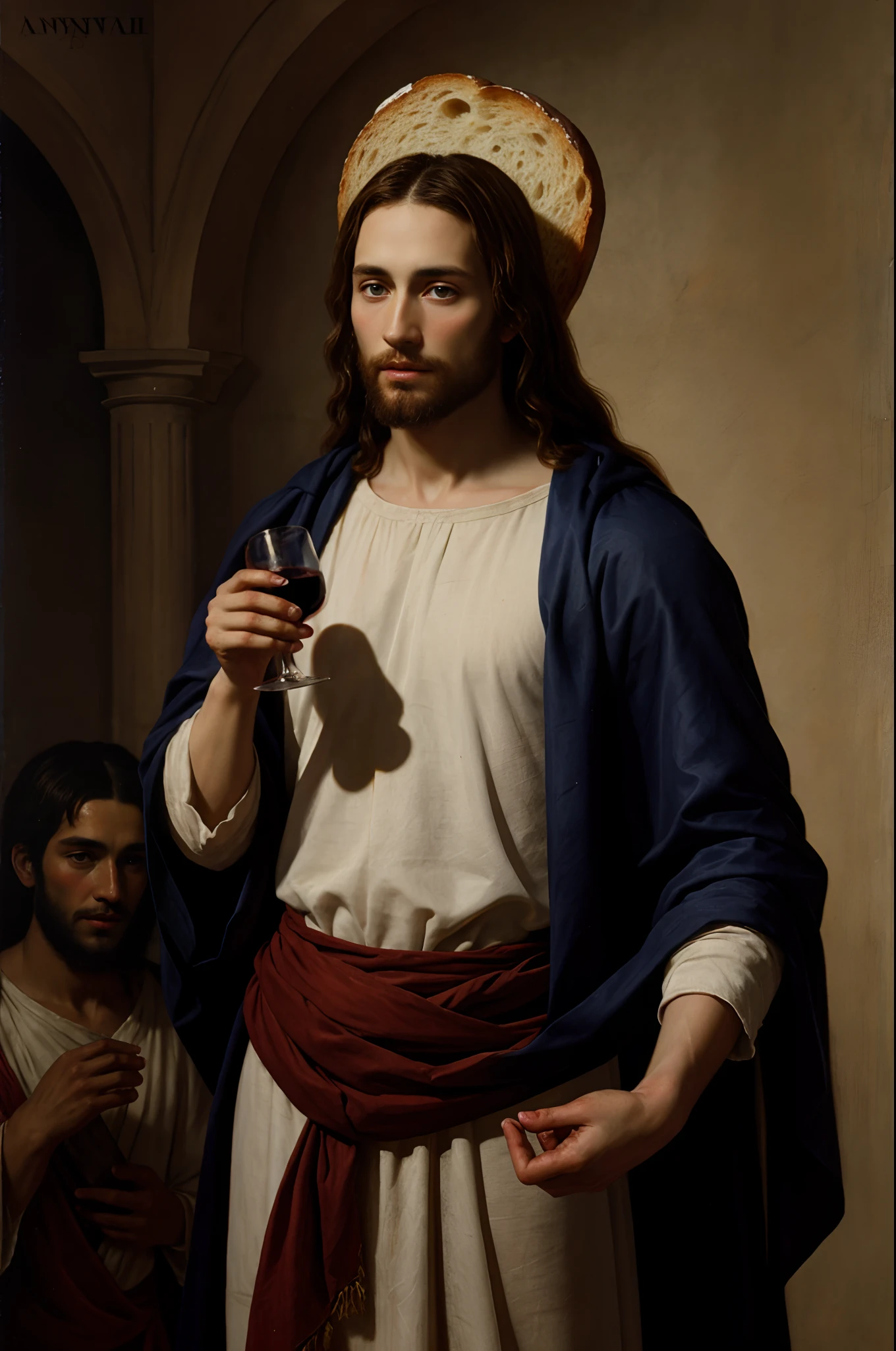 Jesus of Nazareth offering the viewer Red Wine and French Bread, Blue Eyes, art by Anthony van Dyck