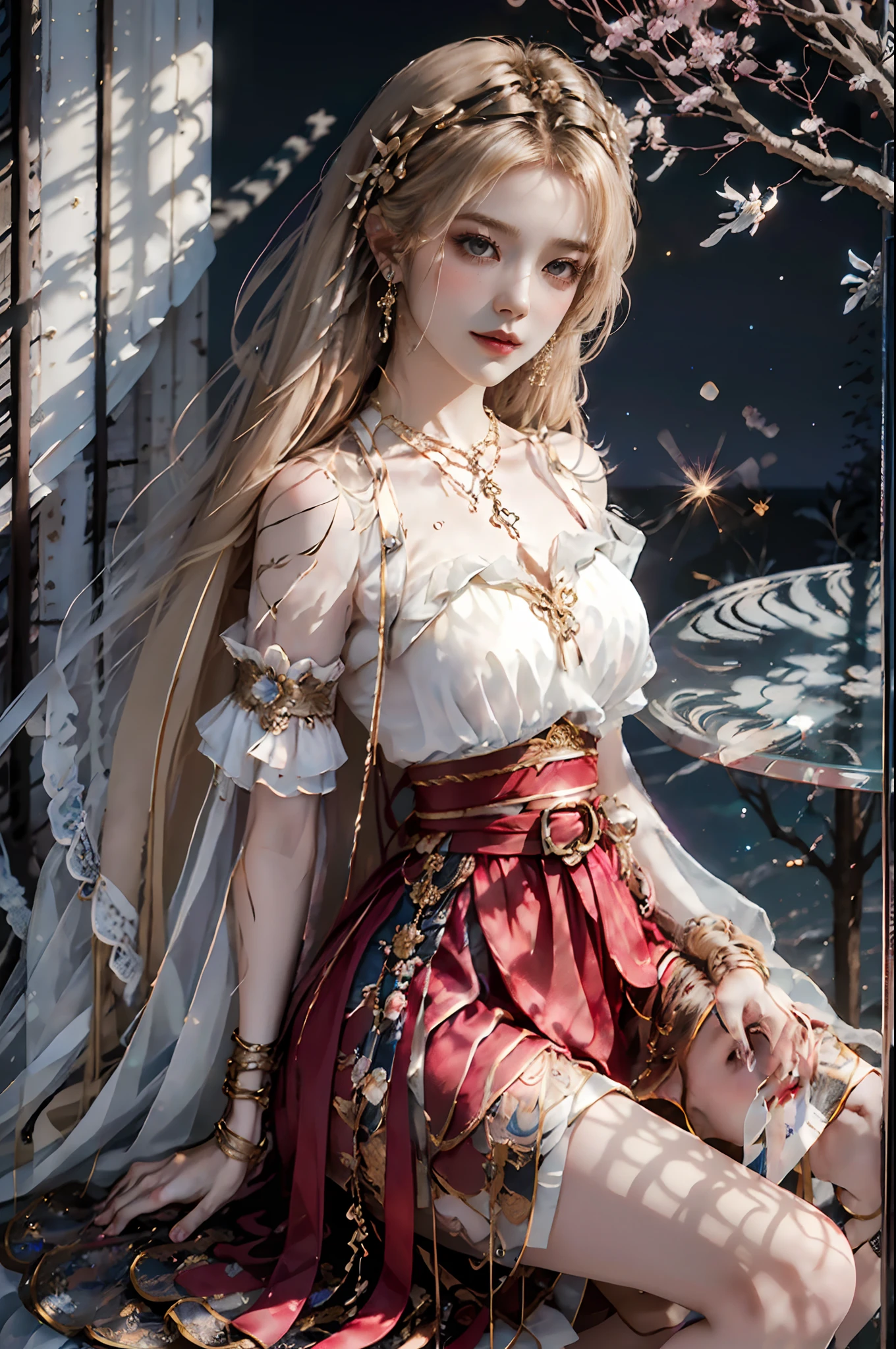 ((upper body)), ((realistic)), ((from side)), (Close up), 1 Asian female model, A young girl, the night, starrysky, (In the gazebo, Sit Pose, Cross ed leg, leaning against pillars), pretty pose, Eye-catching poses, Detailed scenes, Coiled hair, (Hairpins, Beautiful hair accessories), Brownish-yellow hair, light make-up, Blushlush, pretty legs, ((period costume, high-waist, Nice belt, high-heels)), (Dark blue: 1.1, in pink: 1.1, white colors: 1.4), ((warm lights, a warm color palette)), (Extremely high color saturation), Detailed details, ultra-detailliert, (tmasterpiece, best qualtiy), (An extremely delicate and beautiful work), Delicate earrings, Delicate necklace, Simple blurred background, Extreme detail description, Ultra-fine painting, Delicate face, slim toned body, Slimming the waist, ssmile, (anatomy correct)