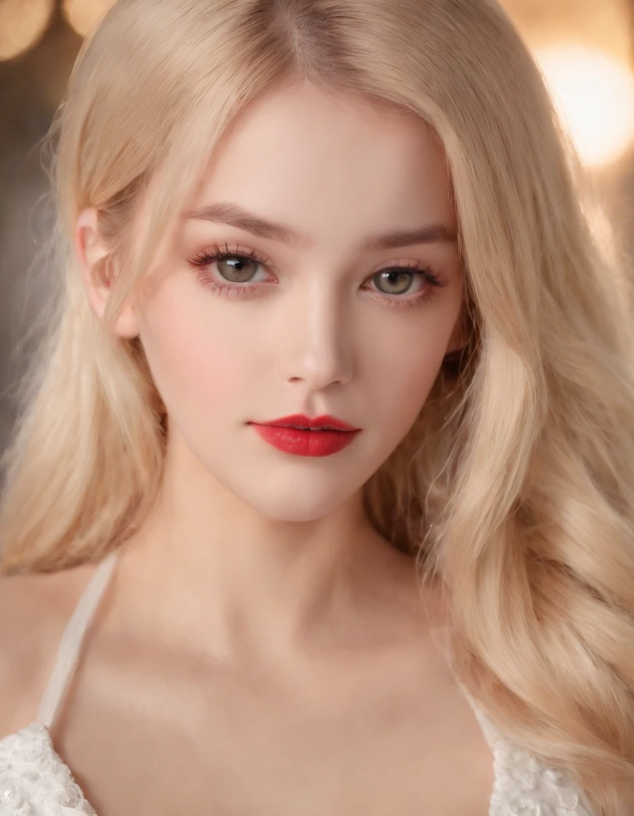 (8k, 4k, best quality, highres, ultra high res:1.1), (masterpiece, realistic, photo-realistic:1.1), 1girl, face, close-up, twintails, blonde hair, black eyes, red lips, (looking at viewer:2), absurdly long hair, long eyelashes, eyeshadow, small face, big eyes,
bare shoulders,
high contrast,