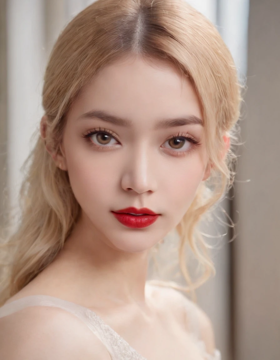 (8k, 4k, best quality, highres, ultra high res:1.1), (masterpiece, realistic, photo-realistic:1.1), 1girl, face, close-up, twintails, blonde hair, black eyes, red lips, (looking at viewer:2), absurdly long hair, long eyelashes, eyeshadow, small face, big eyes,
bare shoulders,
high contrast,