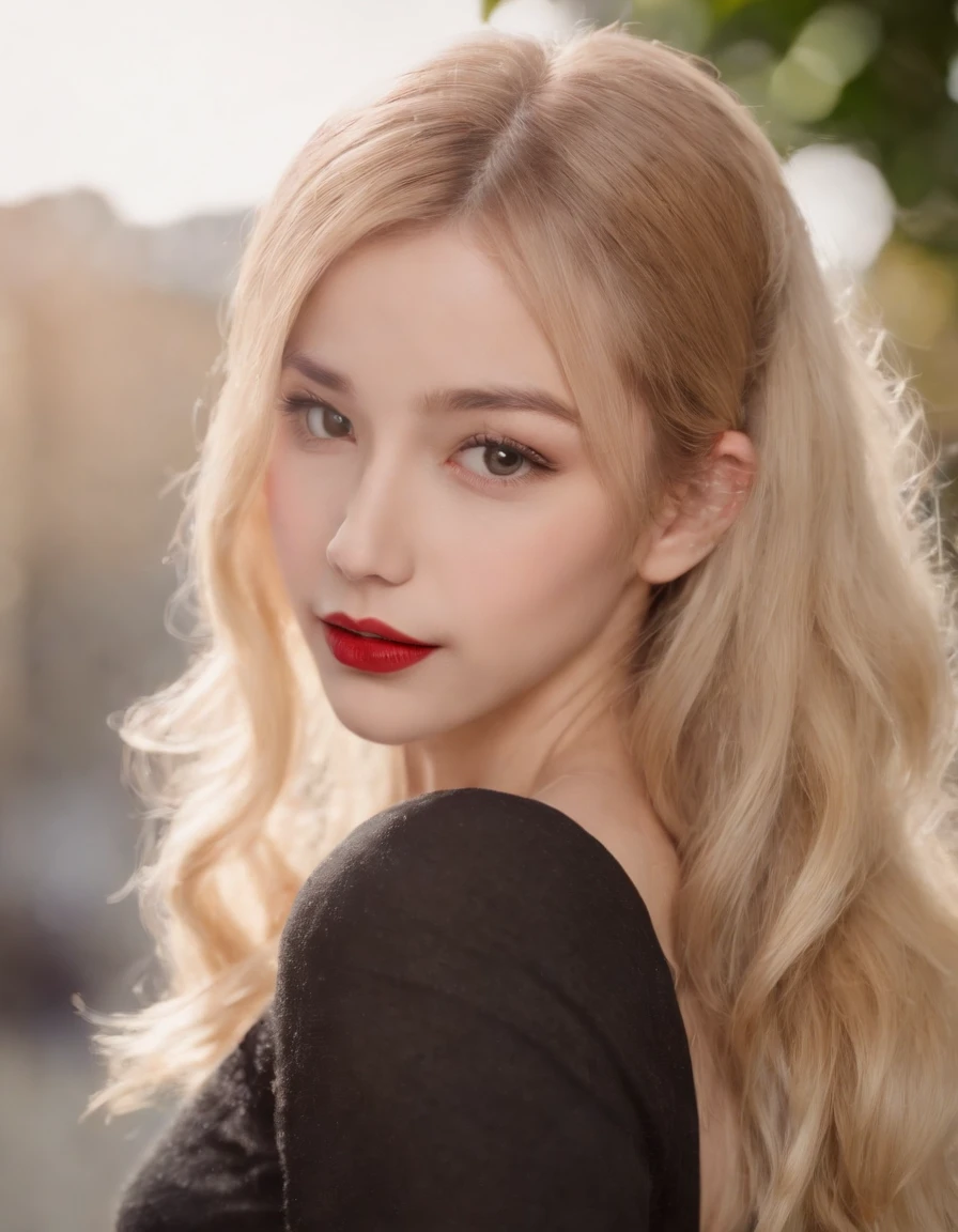 (8k, 4k, best quality, highres, ultra high res:1.1), (masterpiece, realistic, photo-realistic:1.1), 1girl, face, close-up, twintails, blonde hair, black eyes, red lips, (looking at viewer:2), absurdly long hair, long eyelashes, eyeshadow, small face, big eyes,
bare shoulders,
high contrast,