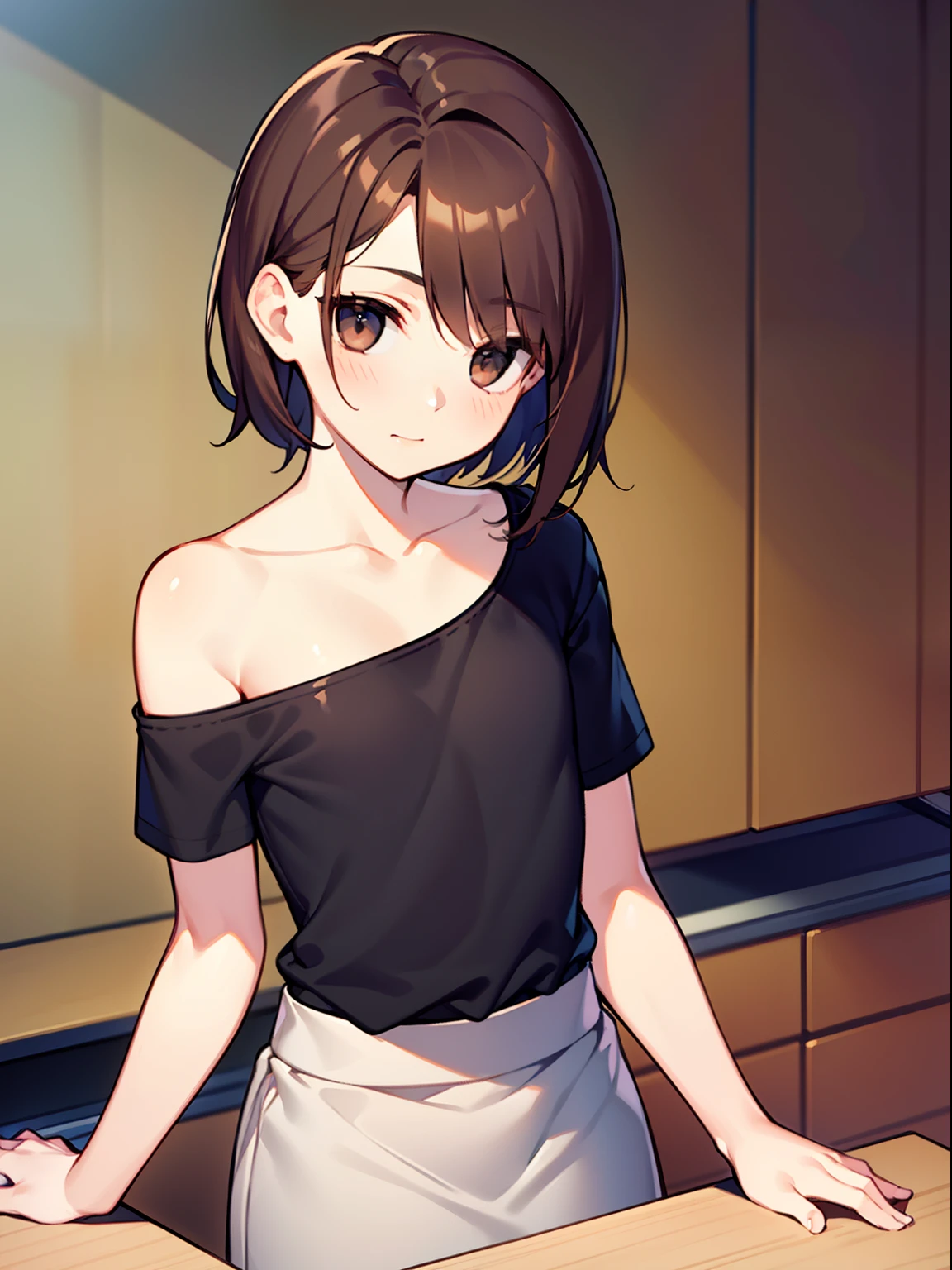 Very cute effeminate guy  with shoulder-length brown hair, with an almost flat chest, in a girl's gray t-shirt, in a long brown wool skirt, In the student kitchen, Anatomical accuracy, Realistic textures, max detail