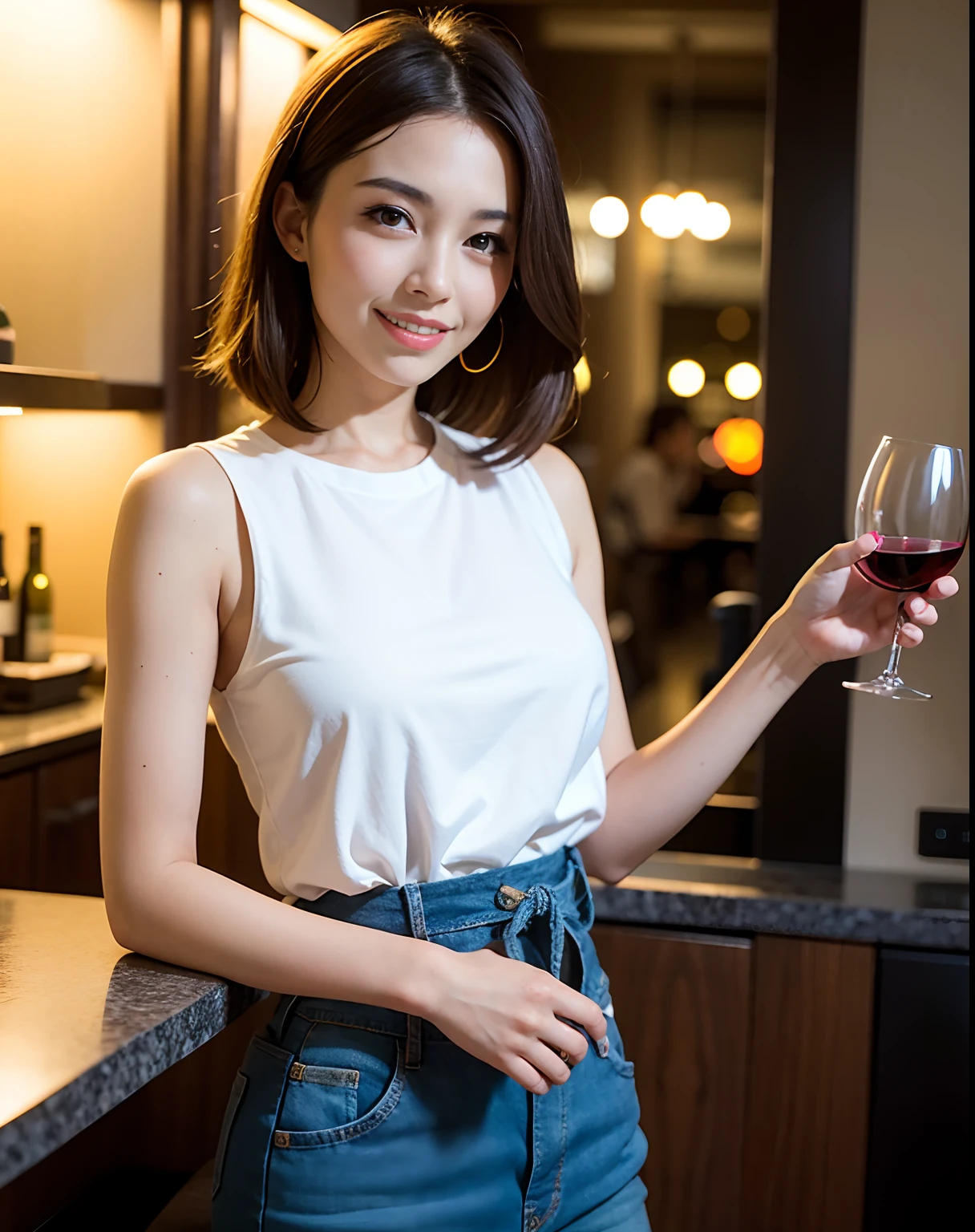 (64K, UHD, top quality, masterpiece: 1.2), (realistic, photorealistic: 1.37), super detailed, pretty woman 1 person, (slim face), (slim body), (brown hair), (short cut), cheeks slightly blushing, (44 years old), 38 years old, solo, beautiful detailed urban night view outside the window, restaurant, wine glasses sit, at night, in a prominent placeNovaFrogStyle, Actress, Model, Waist Up, White Wine, Slim, Wine Glass, Super Clean Night View, Wine Glass Put in the Middle, Happy Smile, (Smile: 1.15), Beautiful Fine Eyes, Upper Body, Bust Japan Up, Night, Short, Short, Actress, Model, Waist Up, White Wine, Slim, Wine Glass, Super Clean Night View, Wine Glass Put in the Middle, Happy Smile,