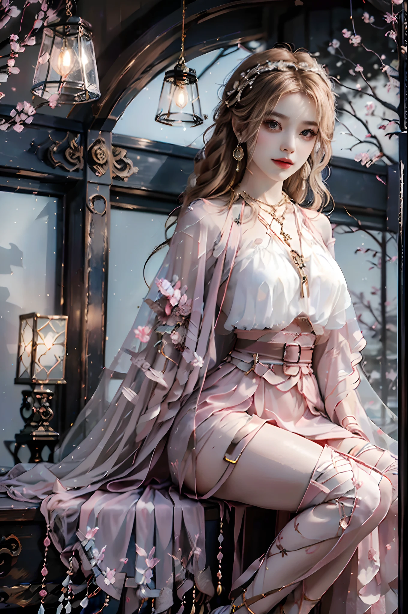 ((upper body)), ((realistic)), ((from side)), (Close up), 1 Asian female model, A young girl, the night, starrysky, (In the gazebo, Sit Pose, Cross ed leg, leaning against pillars), pretty pose, Eye-catching poses, Detailed scenes, Coiled hair, (Hairpins, Beautiful hair accessories), Brownish-yellow hair, light make-up, Blushlush, pretty legs, ((period costume, high-waist, Nice belt, high-heels)), (Dark blue: 1.1, in pink: 1.1, white colors: 1.4), ((warm lights, a warm color palette)), (Extremely high color saturation), Detailed details, ultra-detailliert, (tmasterpiece, best qualtiy), (An extremely delicate and beautiful work), Delicate earrings, Delicate necklace, Simple blurred background, Extreme detail description, Ultra-fine painting, Delicate face, slim toned body, Slimming the waist, ssmile, (anatomy correct)