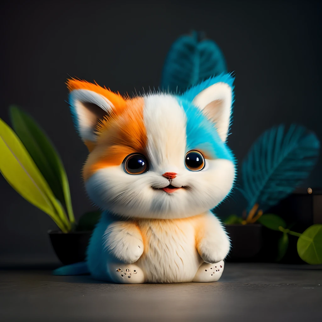 catss，Orange，Fat Chubby，Blue and white cats，no_humans，depth of fields，Disney  style，DARK_Glam，wearing DRK_Glam，deep shading，（brightly：1.4），（8k，RAW photos，best qualtiy，tmasterpiece：1.2），The expression is wide open and the mouth is happy, turquoise feathers,