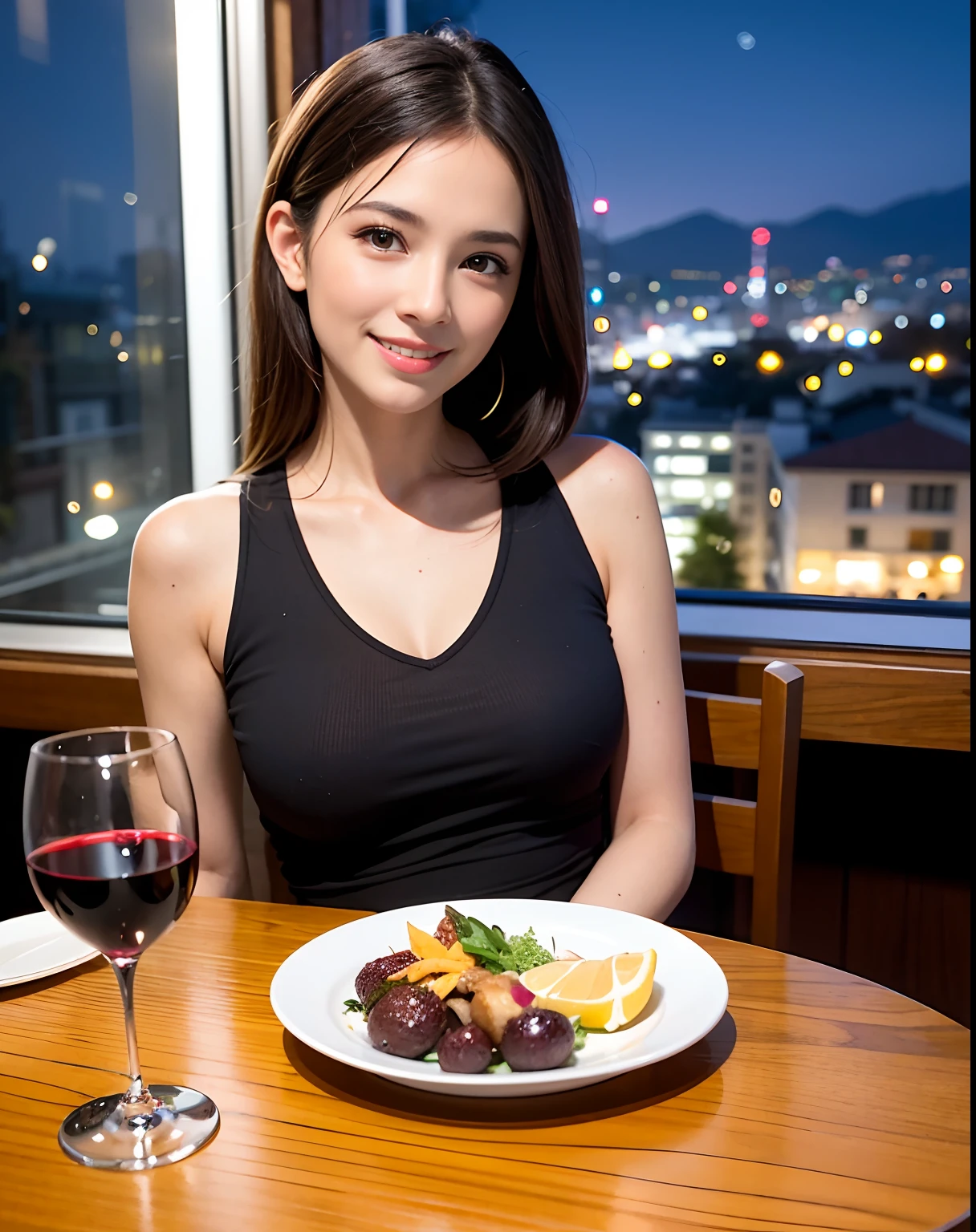 ((highest quality)), ((masterpiece)), (be familiar with), perfect face, double eyelid, (beautiful eyes, Big eyeiddle hair, brown hair, put your hair over your ears, beautiful breasts, tight dress, ((restaurant, balcony seat, food is lined up on the table)), night view in the background
