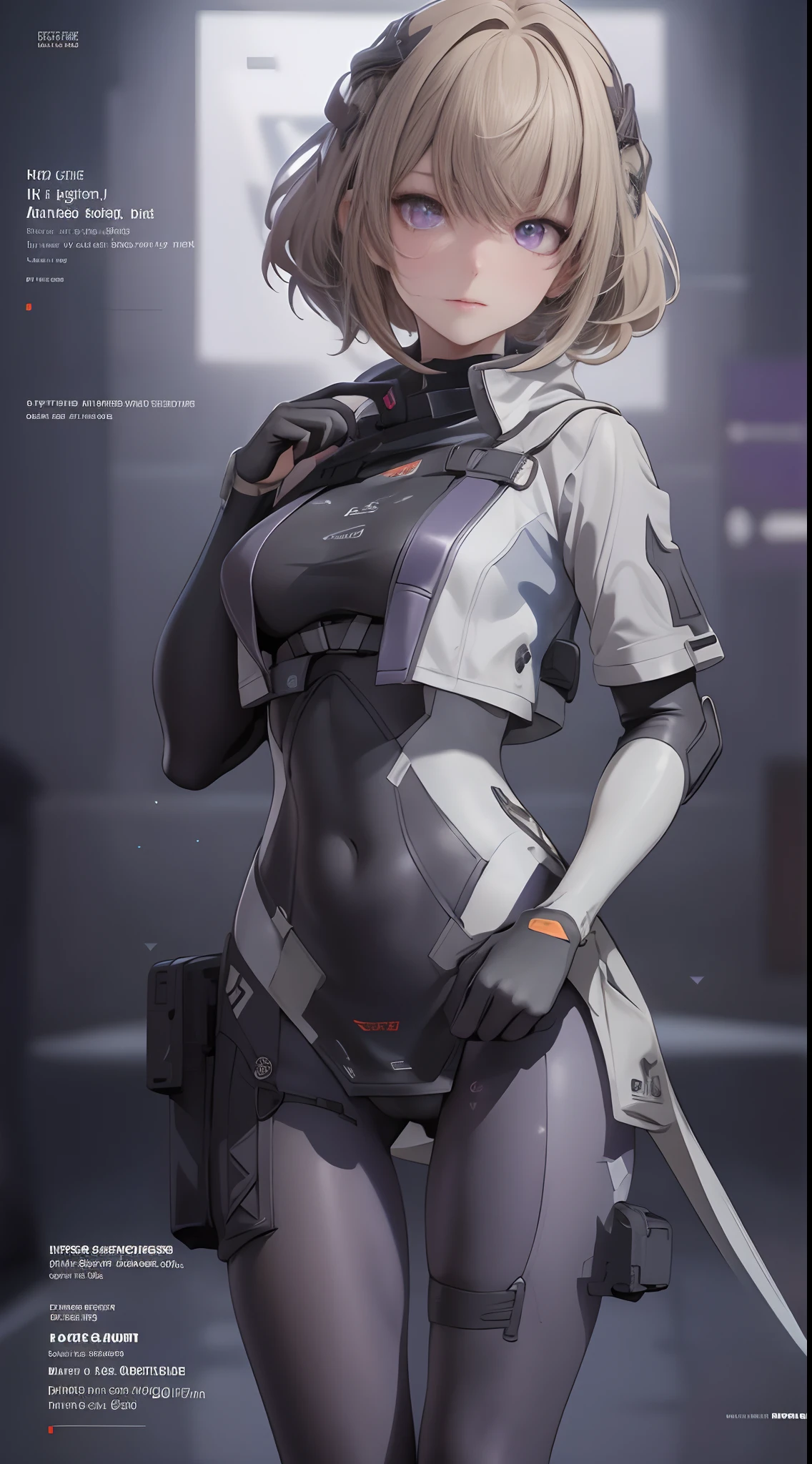The alone young short light brown hair woman as the lone character, violet eye, purple eyes, stand alone , high resolution, sci-fi battlefield , Hyper detail mature face, skintight combat suit, white glove, black boot, high res, ultra sharp, She stands confidently in the center of the poster, detail finger, 5 finger, Shooting pose,explosion effect, a determined expression on her face。The background is dark and gritty,There is a sense of danger and a strong feeling。The text is bold and eye-catching,With catchy slogans,Adds to the overall drama and excitement。The color palette is dominated by dark colors,Dotted with bright colors,Make the poster dynamic and visually striking,(Magazines:1.3), (Cover-style:1.3), Fashion, vibrant, Outfit, posing on a, Front, rich colorful,Background with,element in,self-assured,Expressing the,halter,statement,Attachment,A majestic,coil,Runt,Touching pubic area,Scenes,text,Cover of a,boldness,attention-grabbing,titles,Fashion,typeface,,Best quality at best,Hyper-detailing,8K ,hyper HD