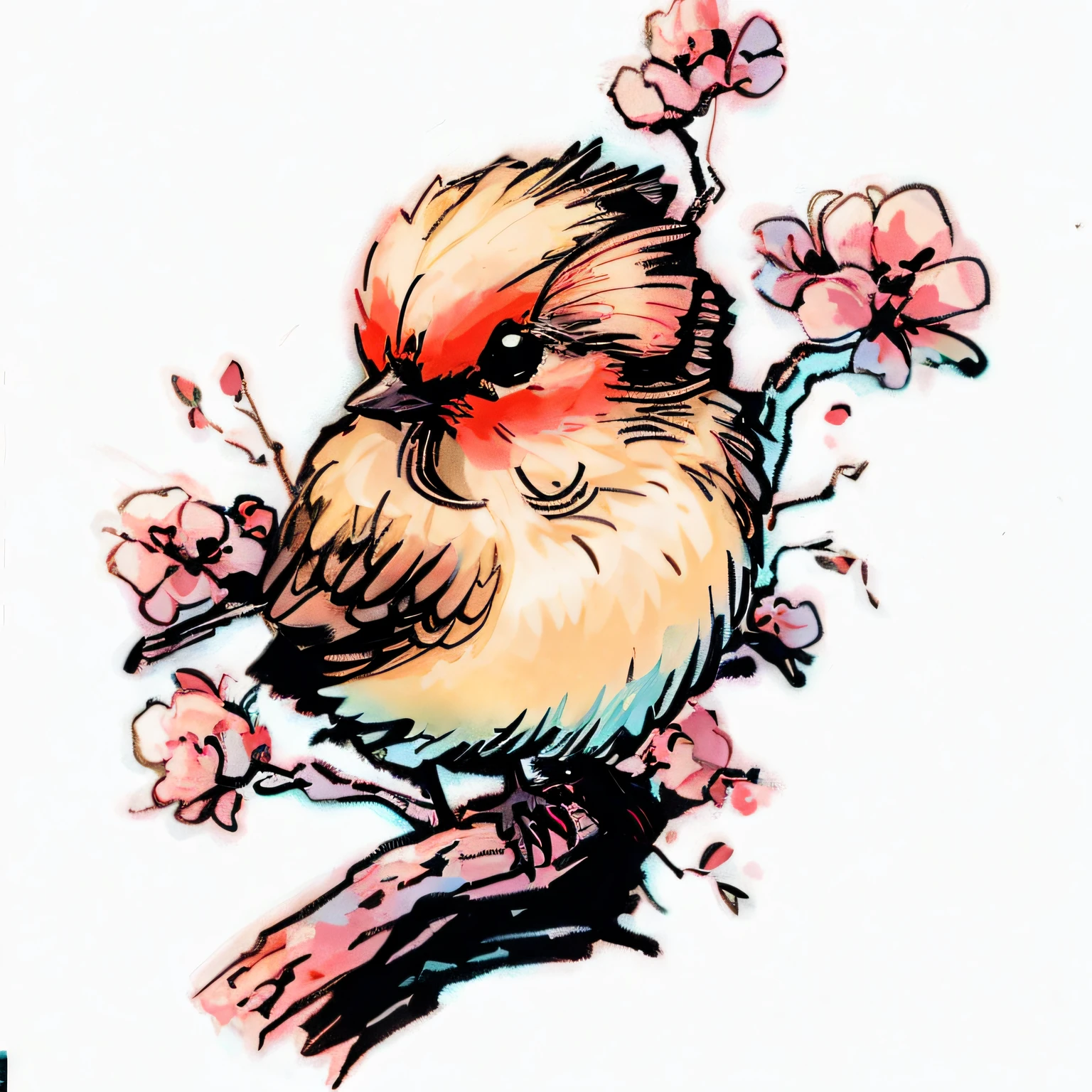 A close-up of a bird sitting on a flowered branch, Full color illustration, full color digital illustration, Birb, Pidgey, Bird tattoo, Lindo arte digital detallado, Arte lineal coloreado, Sensitive bird, inspired by Katsushika Ōi, in digital illustration style, Lindo arte digital, dibujo con tinta coloreada, colored illustration for tattoo, stylised illustration