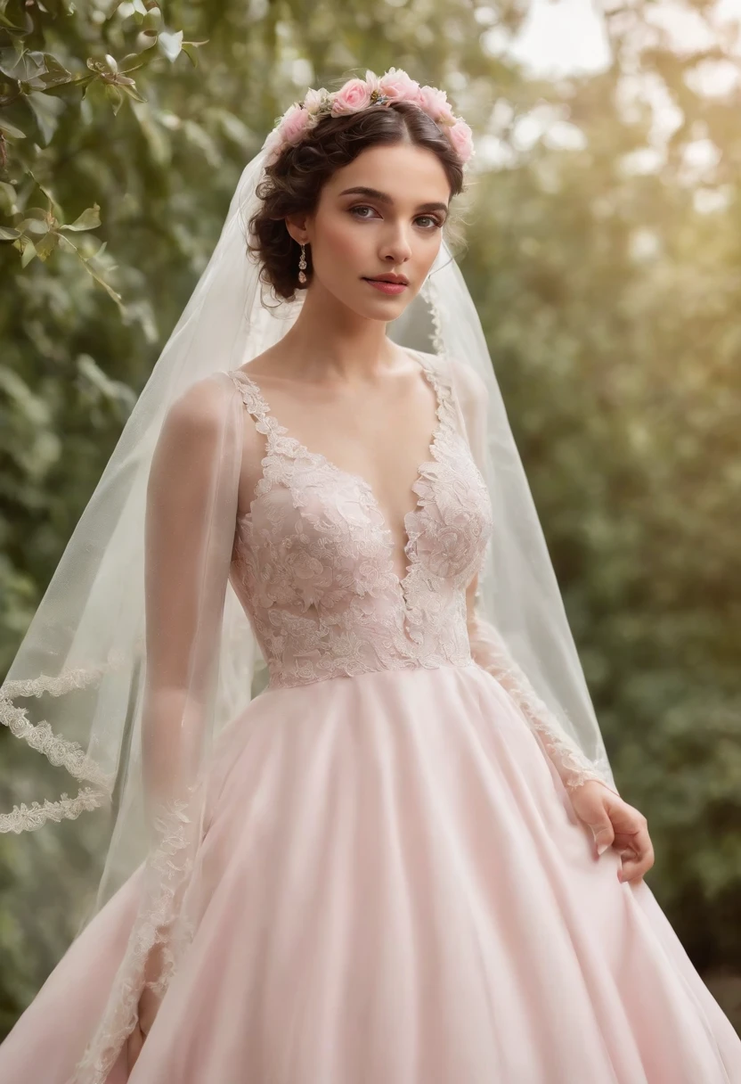 (Full body photograph of 1 curly-haired brunette girl wedding dress with large, transparent veil and pink color dress + suave e delicado + cabelos loiros)+(Vestido longo em cores brilhantes, Luz brilhante, Cabelo loiro longo e liso + Olhos brilhantes e acolhedores)+(pink petals + Brisa suave + with blue sky and white clouds + Bosques verdes e floridos),(medium close-up)