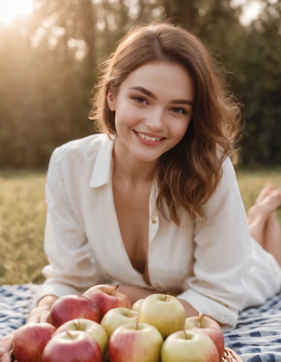 Girl smiling while sitting on picnic blanket with apples and bread, picnic table, surreal fashion photography style, white and gold, animated GIF, photo taken with ektachrome, sportrait, self-portrait, kawaii fashion (medium long shot)