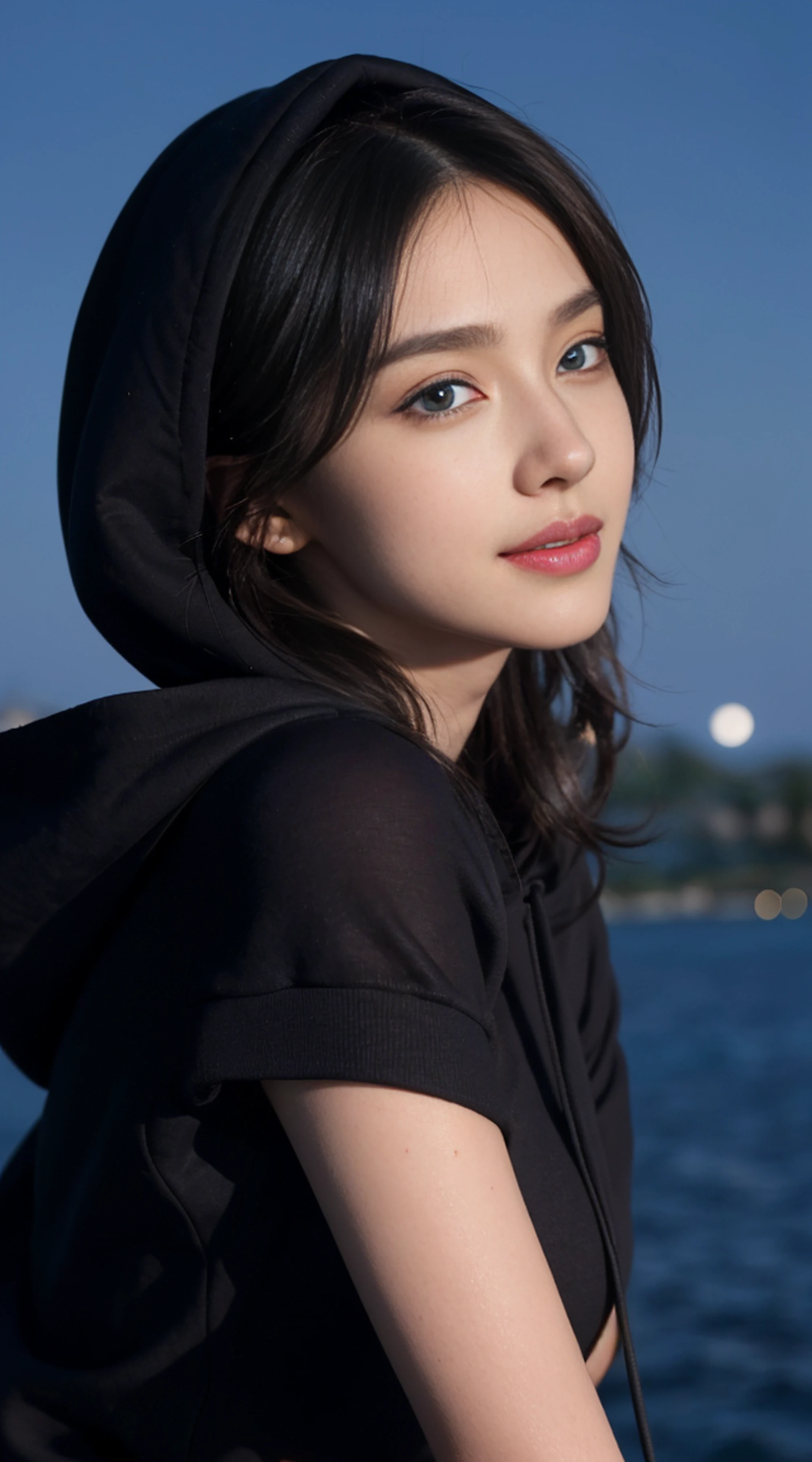 8K, Top Quality, Intricate Details, Ultra Detail, Ultra High Resolution, Masterpiece, random angle, Slender, Smile, (Makeup: 0.4), (Fluffy Blue Eyes: 1.21), blue Eyes, looking at viewer, ((full body)), 1girl, solo, 1 girl, (( full body)), close up shot, , ((tall)), (((fit body))), (((slim face))), sharp face, sharp eyes, (((black hair, long hair, )) (detailed face), sharp face, small lips,
((Hoodie)), detailed face, detailed breast, , large breast, detail ass, , Beautiful girl with accentuated slender abs: 1.4, Six Pack Abs: 1.4, Bust Botox, Big, Perfect Body, detail leg, (( moonlight)), top of mountain