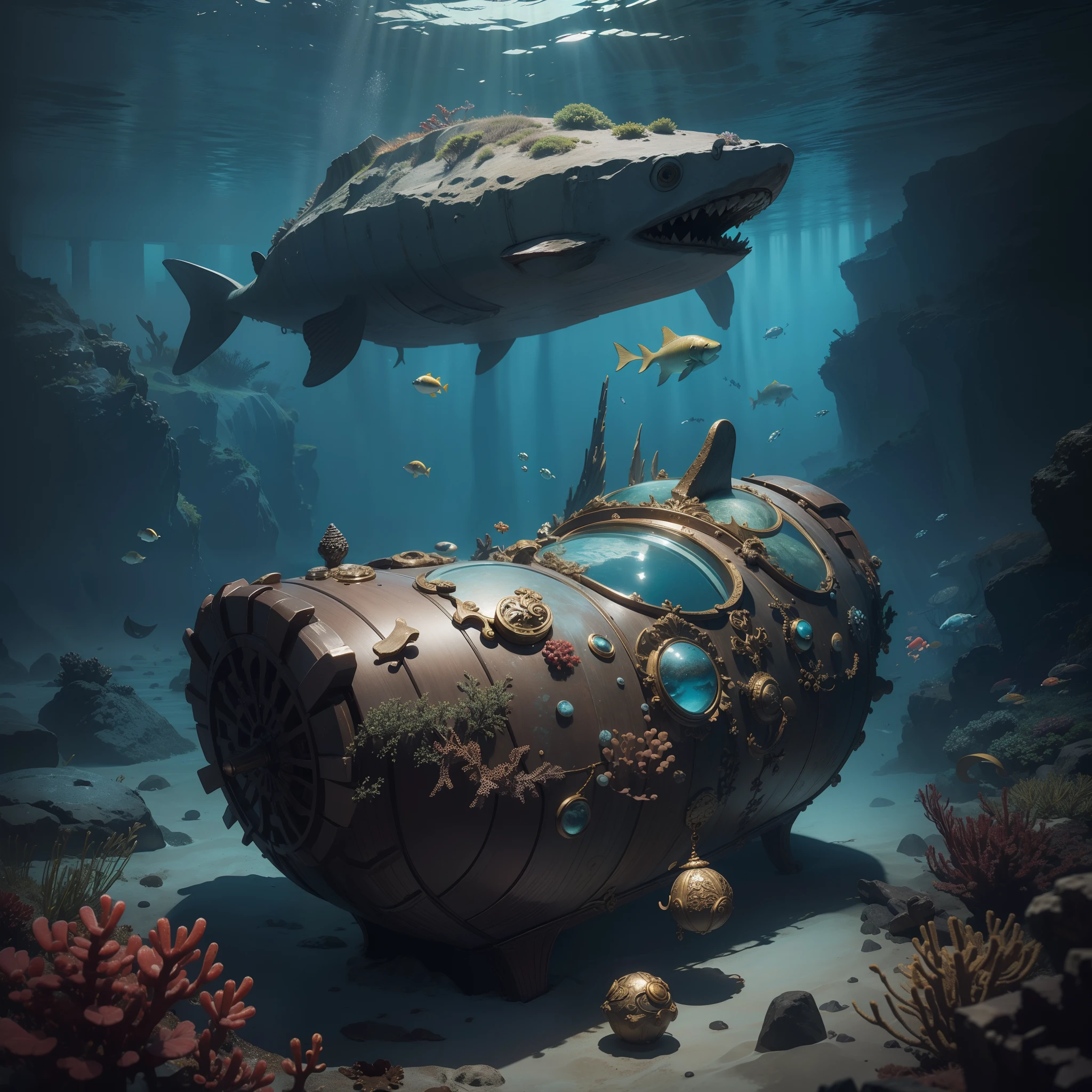 masterpiece, Super Detail, High quality, awardwinning, 8K, (Treasures sinking to the bottom of the ocean), Fine decoration, Treasures included, ocean floor, In the sea, Under the sea, (Under the deep sea), Underwater Photography, vignetting