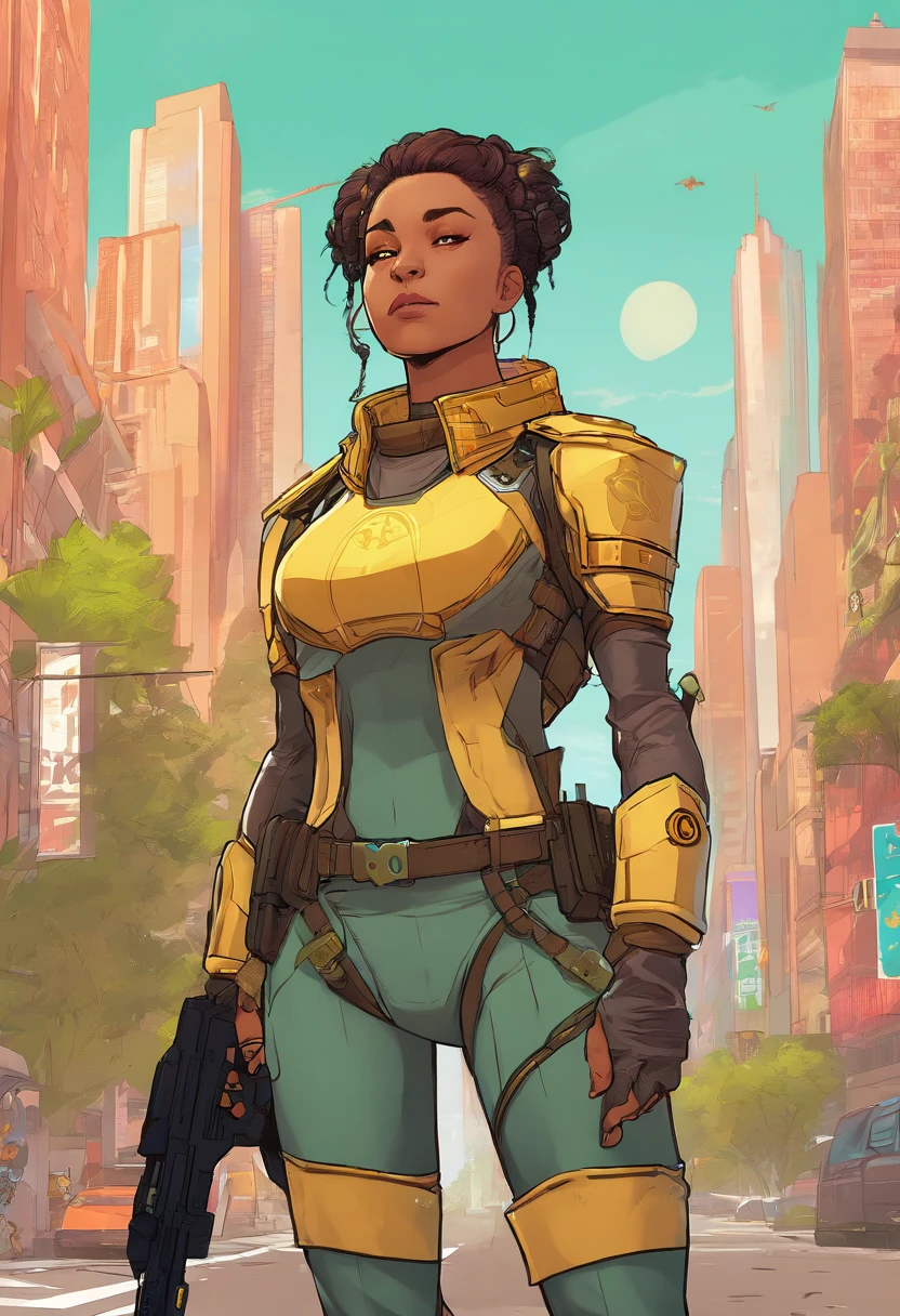 Create an image of a regular-sized female guardian in a solarpunk-inspired eco-street knight's attire within a city street. She has dark hair tied into a bun, wears a lightweight, golden solar-powered full-body armor with a star-shaped crest on her chest, and her face is uncovered, showing determination. The guardian is human-scale and not oversized, with no plants on her armor. The city is a lush, eco-friendly metropolis with integrated solar tech. She represents sustainability and protection in this utopian urban scene.