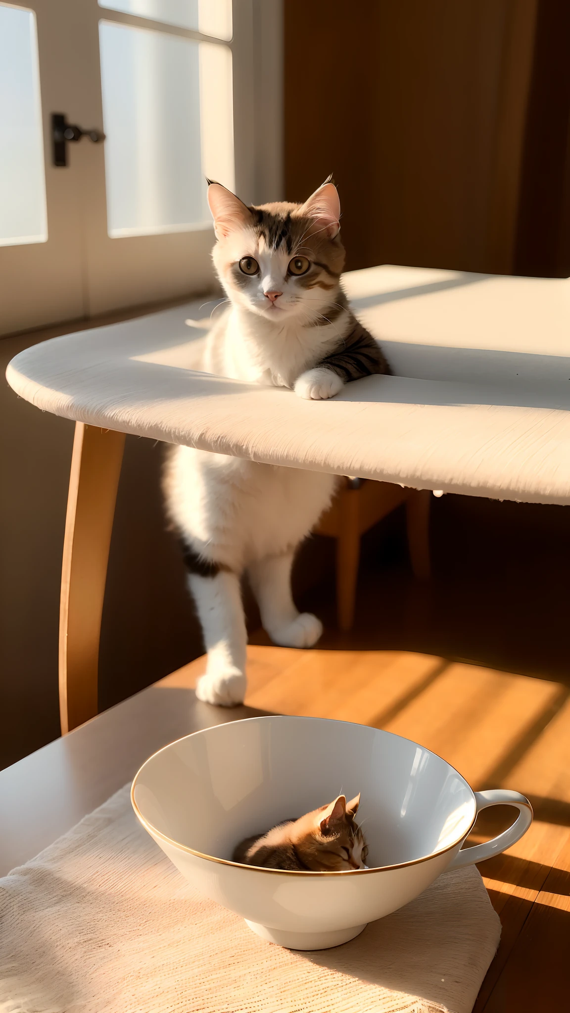 Cat, (Himalayan), (Small)))), in a teacup, Face, Front paws out, 8K, Professional photo, Delicate, Clear, On the table, Inside the house, Sunshine, Light Leak, Masterpiece, ((Pretty))), Fashionable Teacup, (Reality), Plush Toy, Round Pupils