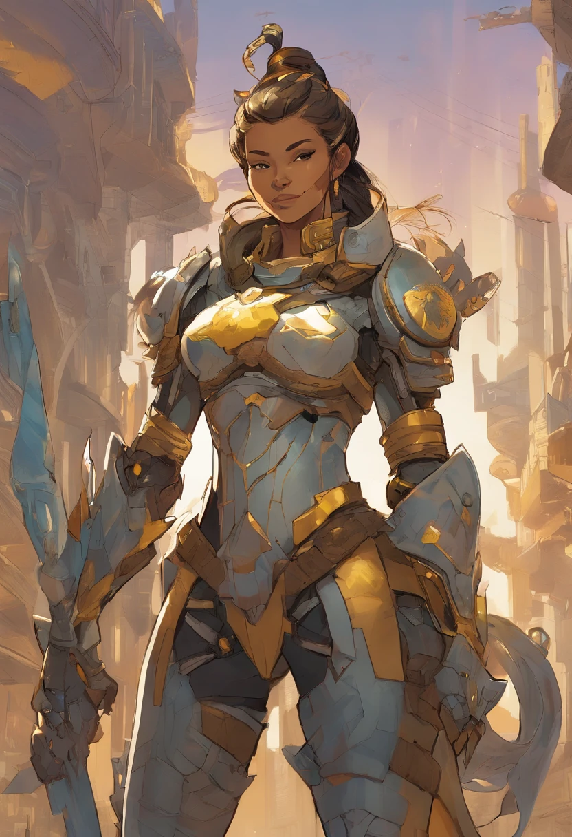 Create an image of a regular-sized female guardian in a solarpunk-inspired eco-street knight's attire within a city street. She has dark hair tied into a bun, wears a lightweight, golden solar-powered full-body armor with a star-shaped crest on her chest, and her face is uncovered, showing determination. The guardian is human-scale and not oversized, with no plants on her armor. The city is a lush, eco-friendly metropolis with integrated solar tech. She represents sustainability and protection in this utopian urban scene.