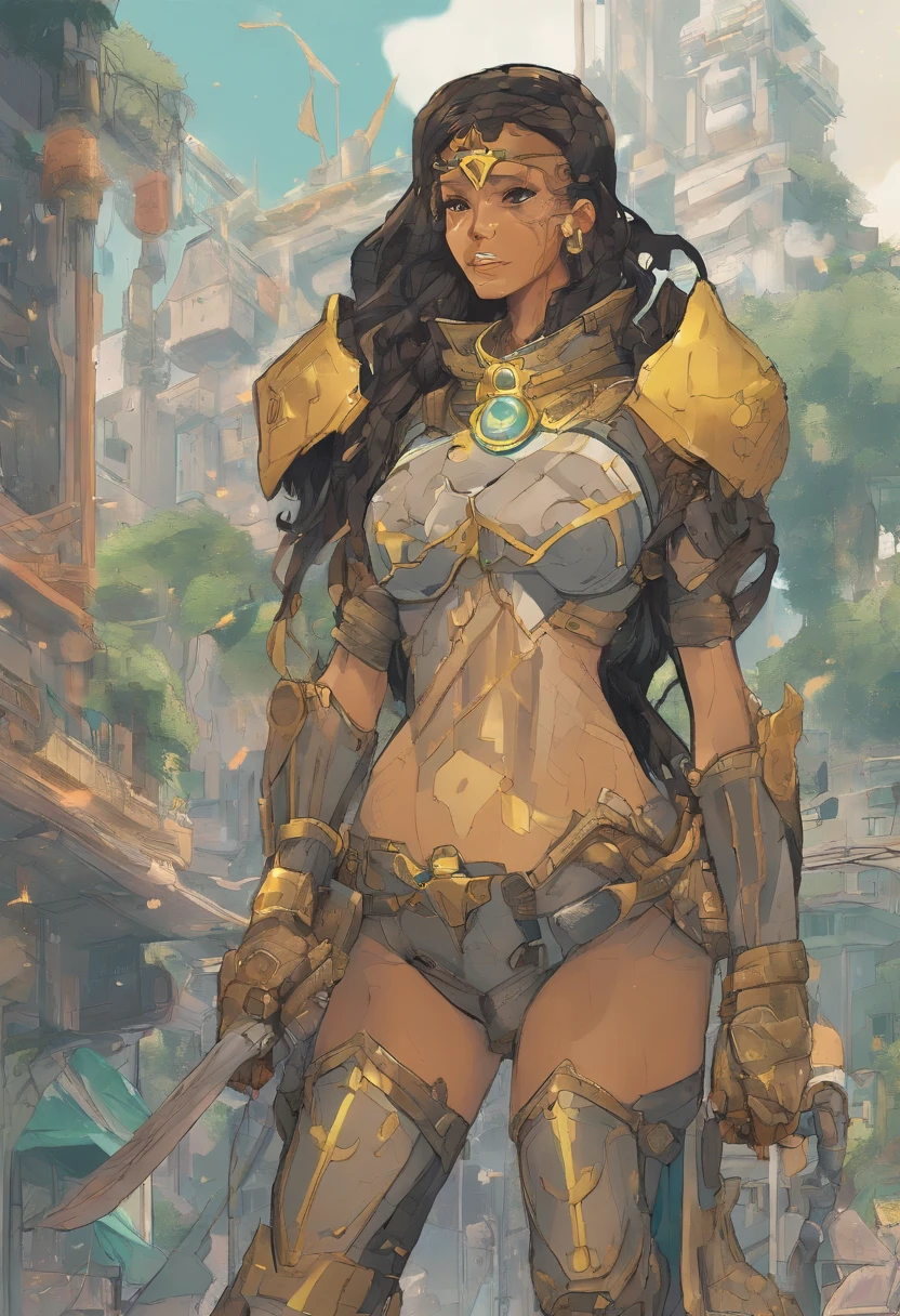 Create an image of a regular-sized female guardian in a solarpunk-inspired eco-street knight's attire within a city street. She has dark hair tied into a bun, wears a lightweight, golden solar-powered full-body armor with a star-shaped crest on her chest, and her face is uncovered, showing determination. The guardian is human-scale and not oversized, with no plants on her armor. The city is a lush, eco-friendly metropolis with integrated solar tech. She represents sustainability and protection in this utopian urban scene.