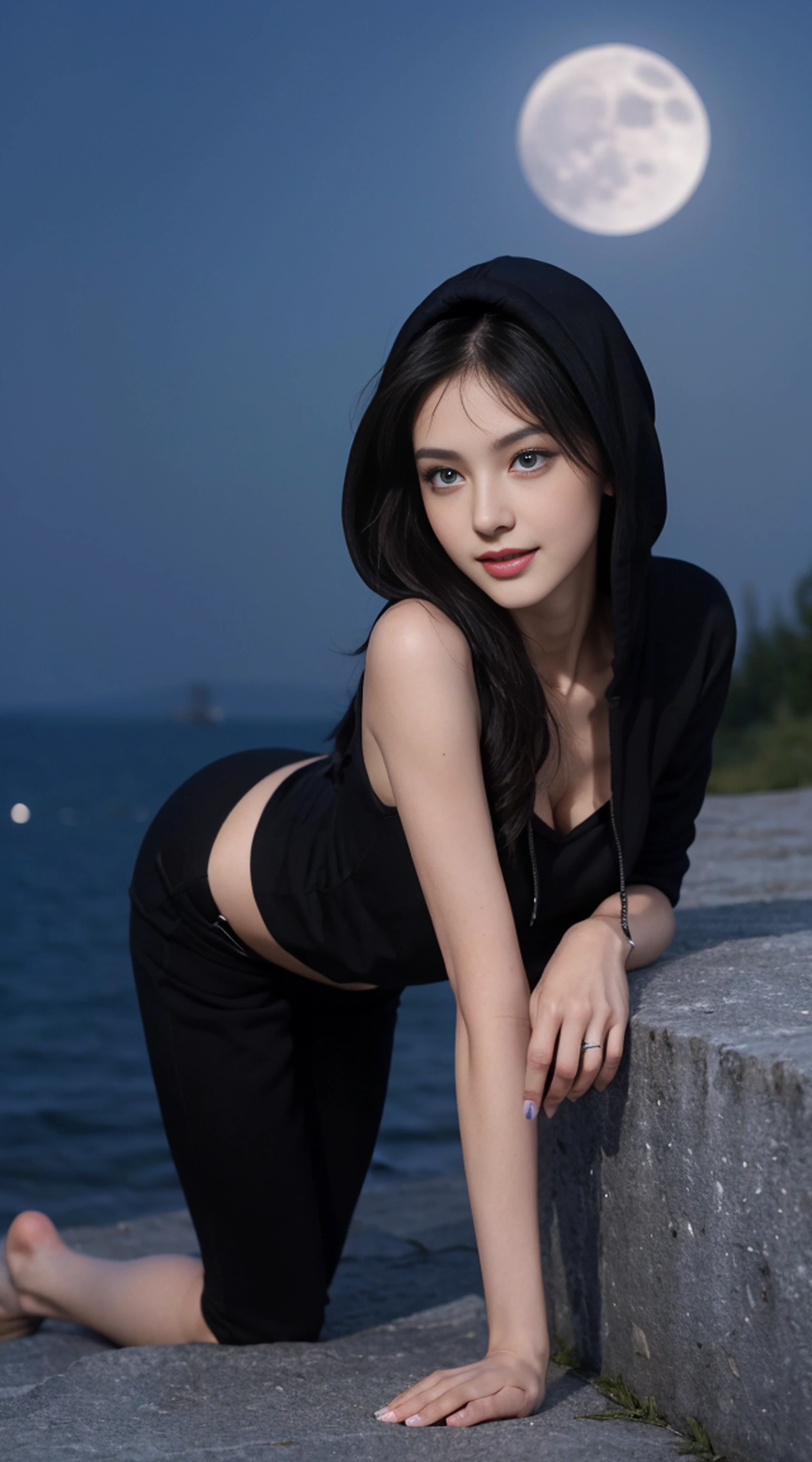 8K, Top Quality, Intricate Details, Ultra Detail, Ultra High Resolution, Masterpiece, random angle,  Slender, Smile, (Makeup: 0.4), (Fluffy Blue Eyes: 1.21), blue Eyes, looking at viewer, ((full body)), 1girl, solo, 1 girl, (( full body)), close up shot, sitting, on side, ((tall)), (((fit body))), (((slim face))), sharp face, sharp eyes, (((black hair, long hair, ))  (detailed face), sharp face, small lips, 
 ((hoodie )),  detailed face, detailed breast, , large breast, detail ass, , Beautiful girl with accentuated slender abs: 1.4, Six Pack Abs: 1.4, Bust Botox, Big, Perfect Body, detail leg, (( moonlight)), top of mountain