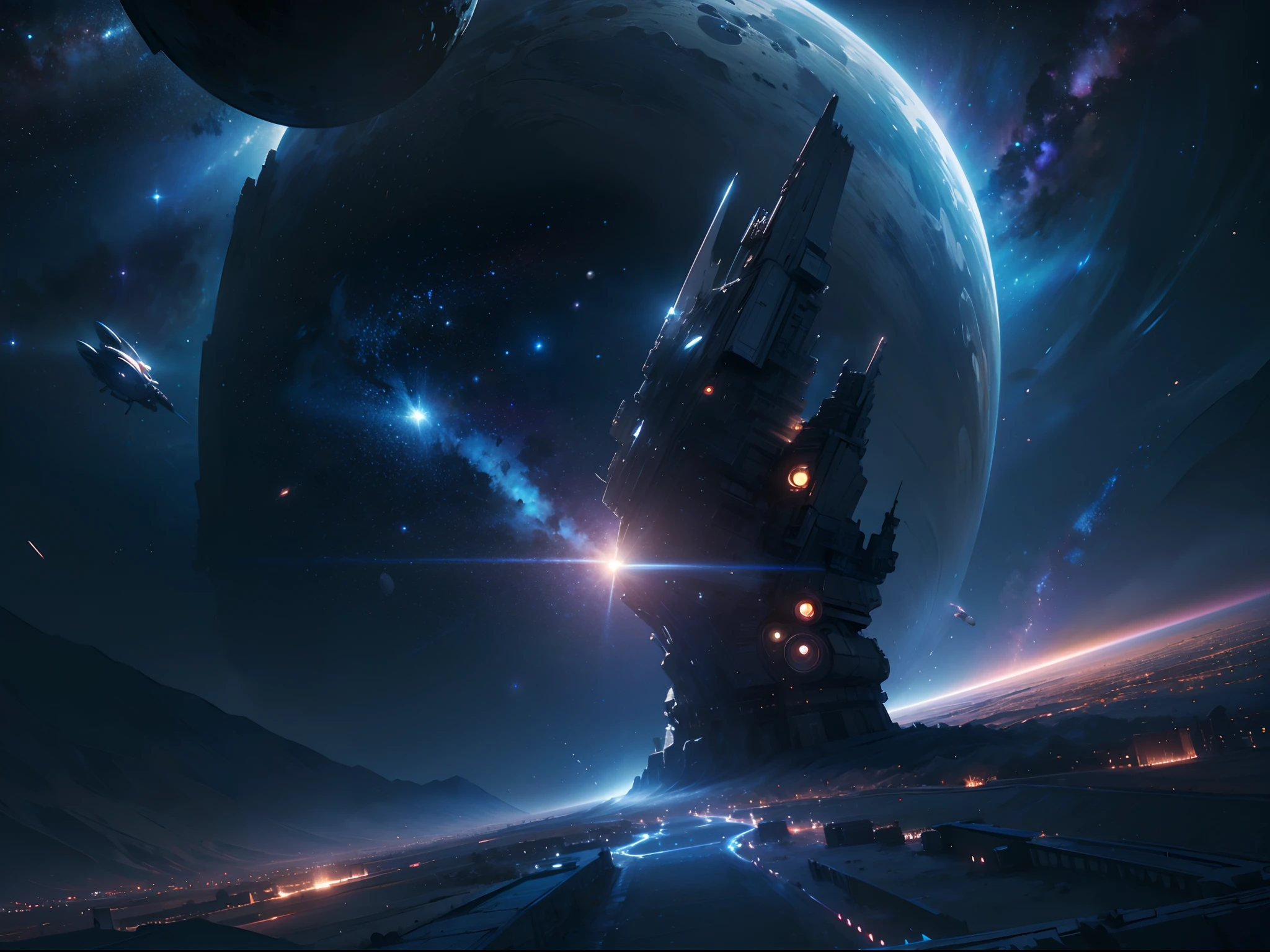 ((Masterpiece)),(Best quality)),Magnificent space image scene,Interstellar,Magnificent starry sky,Space wormholes,Starship,8K,Top artwork,