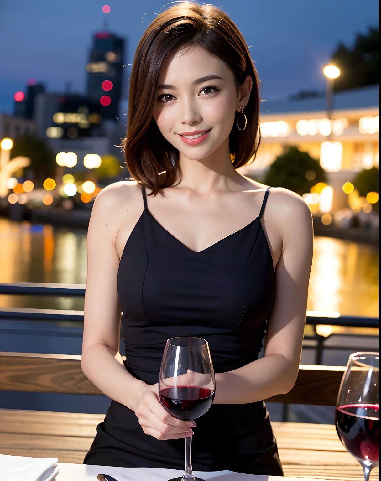 (64K, UHD, top quality, masterpiece: 1.2), (realistic, photorealistic: 1.37), super detailed, pretty woman 1 person, (slim face), (slim body), (brown hair), (short cut), cheeks slightly blushing, (44 years old), 38 years old, solo, beautiful detailed urban night view outside the window, restaurant, wine glasses sit, at night, in a prominent placeNovaFrogStyle, Actress, Model, Waist Up, White Wine, Slim, Wine Glass, Super Clean Night View, Wine Glass Put in the Middle, Happy Smile, (Smile: 1.15), Beautiful Fine Eyes, Upper Body, Bust Japan Up, Night, Short, Short, Actress, Model, Waist Up, White Wine, Slim, Wine Glass, Super Clean Night View, Wine Glass Put in the Middle, Happy Smile,