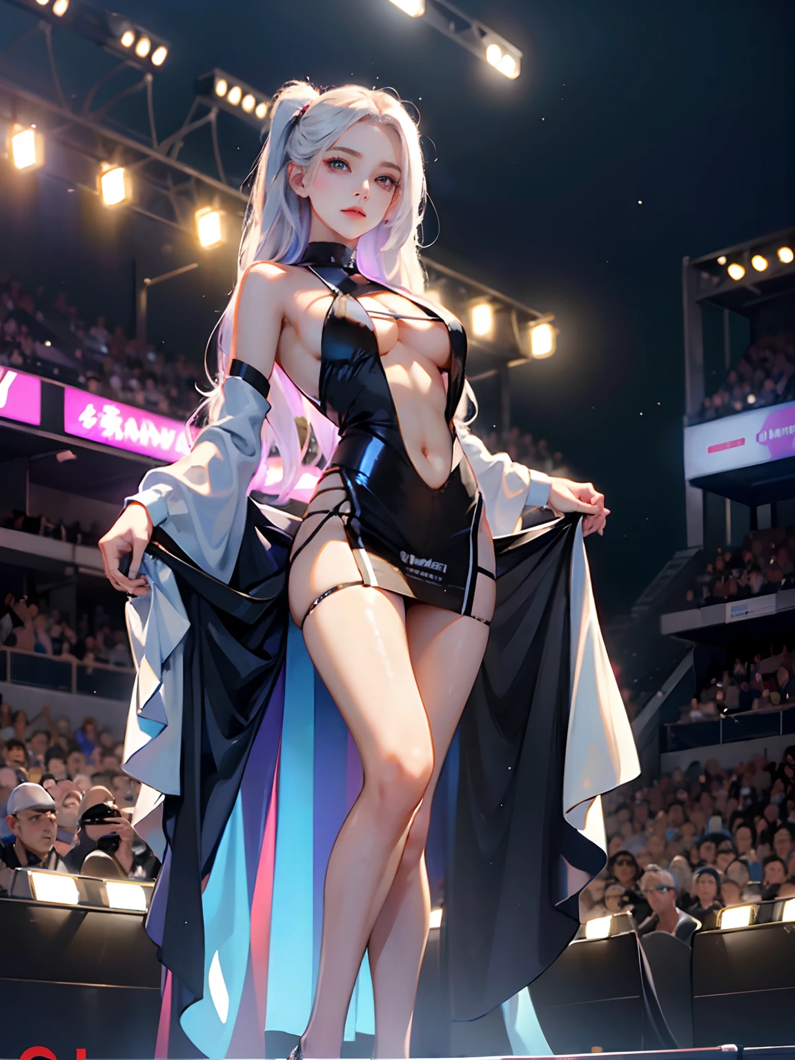 Реалистичный рендеринг Unreal Engine 5, cosplayer, Casual posing, Queen of Races、Uniform with logo、 Exquisite beauty、beatiful face, The body shape of a slim model, Colossal tits, glittering, wet shiny body, Beautifully long hair, forehead, (((The beauty of shiny skin))), Neons、Large crowds、audience、Formation of the Emperor、Drag Racing、Summer Solstice Race Track、Racer、Lower grade、Large crowds、Viewers、(((Orhan Makeover)))