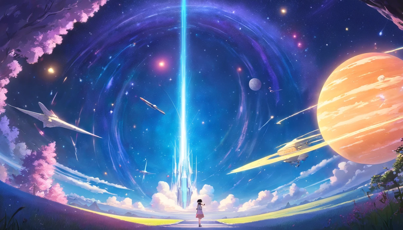 ((Masterpiece)),(Best quality)),Magnificent space image scene,heavenly body,Interstellar,Huge star gates,Huge starship,Spaceship,Shining starry sky,8K,super-fine,high qulity