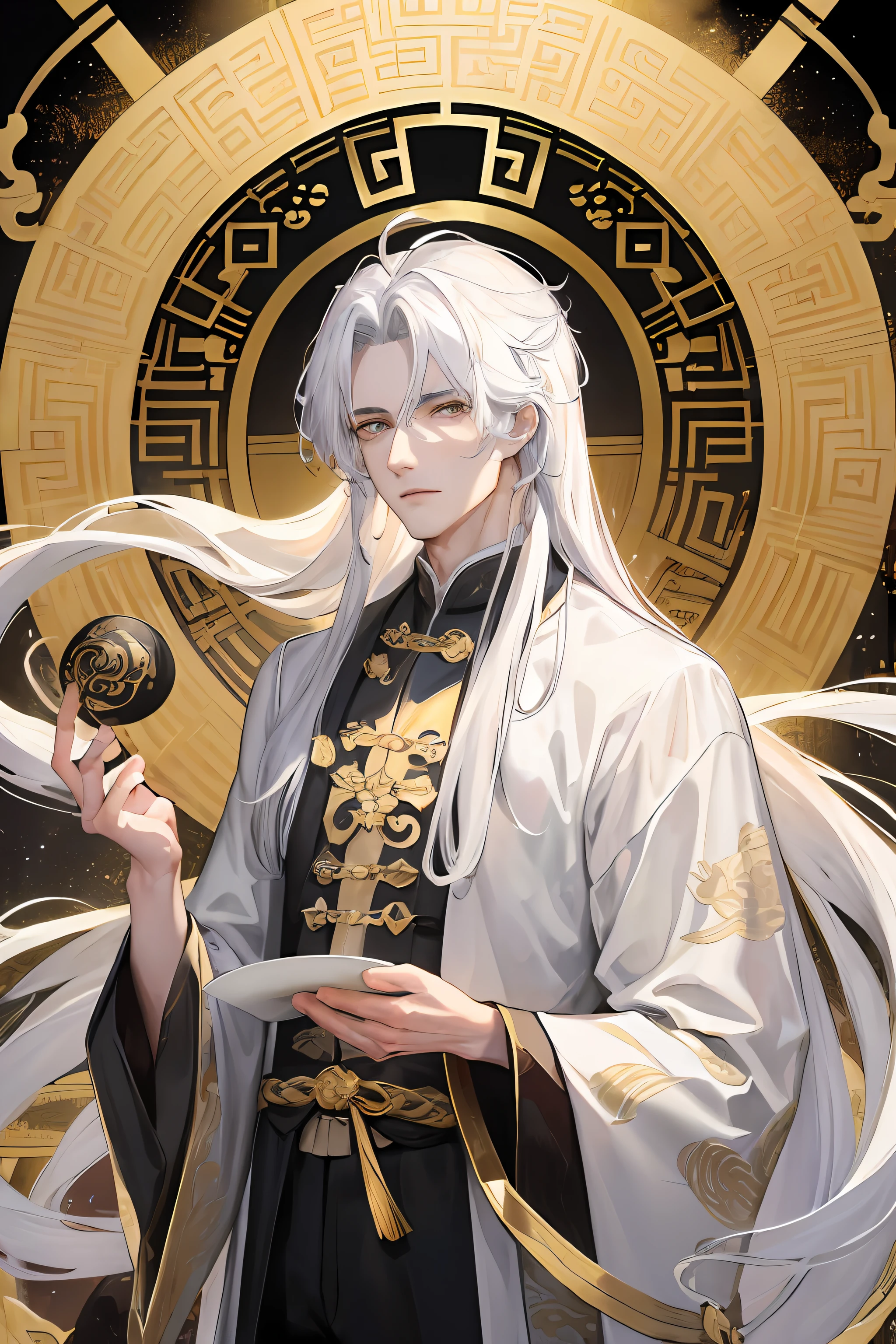 Masterpiece, Best quality, Night, full moon, 1 man, Mature man, Chinese style, Ancient China, White hair like a spring, Golden eyes, Split ends of hair, Long hair, Long bangs, Handsome, Handsome, Masculine, Serious, gentle, Tall, calm, Mixed white and gold clothing, Gold pattern, Dragon Pattern Road, Taoist chief, wonderland