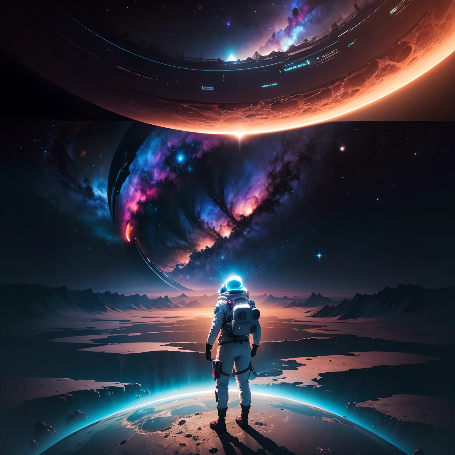 A man in a spacesuit explores a black hole，Epic space exploration, A breathtaking vista of the universe, futuristic spacecraft, Interstellar Journey, Awe-inspiring celestial scenes, Distant star systems, ethereal nebulae, The magnificence of the universe, the mysteries of the cosmos are unraveled, Surreal interstellar landscape."