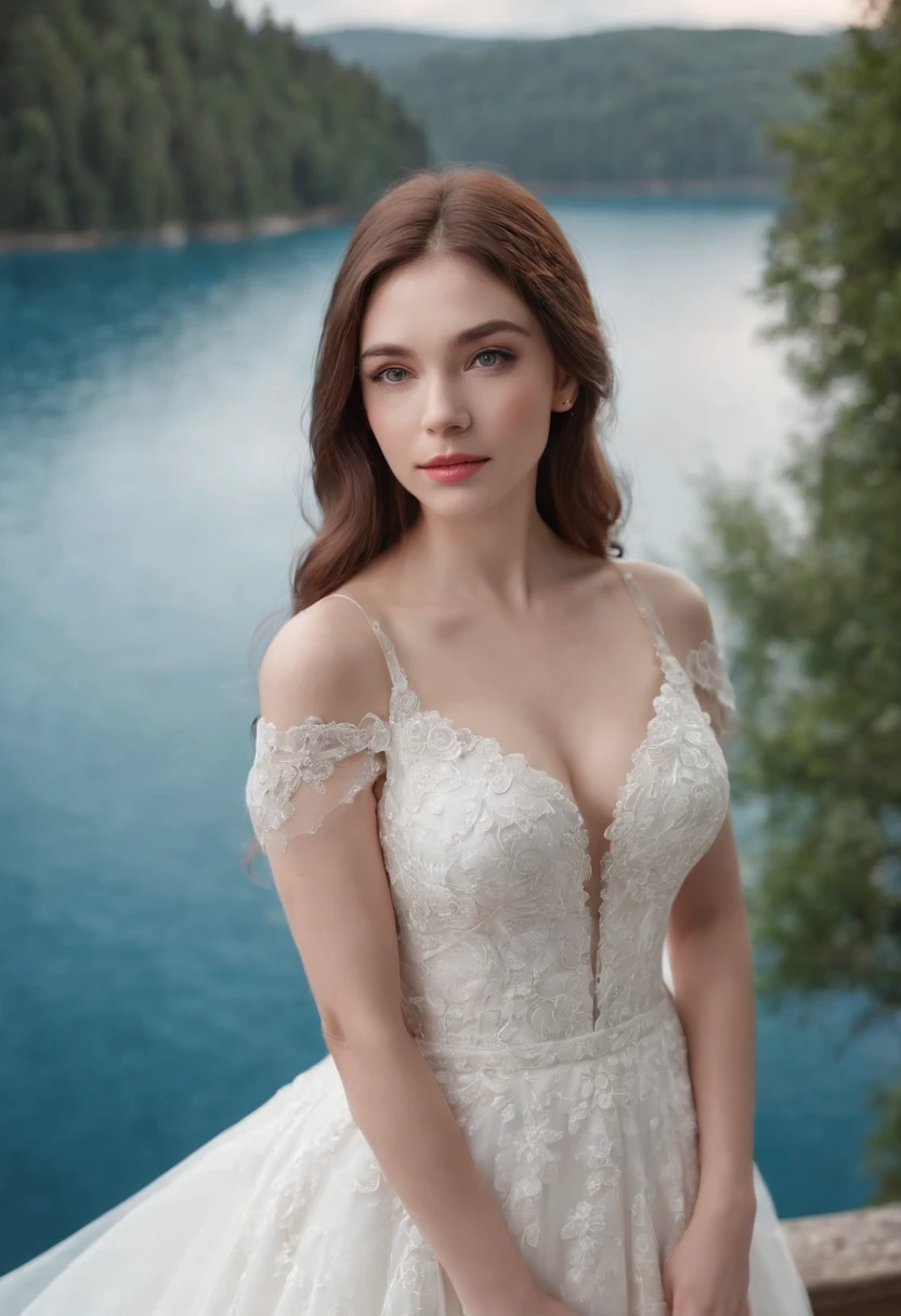 1 beautiful girl, (Realistic:1.3) full body, standing photo, stand in front a blue lake, white wedding dress, soft dress, wavy hair, masterpiece, diffuse soft lighting, portrait, best quality (perfect face:1.4), ultra-realistic highly detailed intricate realistic simulation style photo sharply focused on eyes, cinematic lighting, studio shot, elegant pose