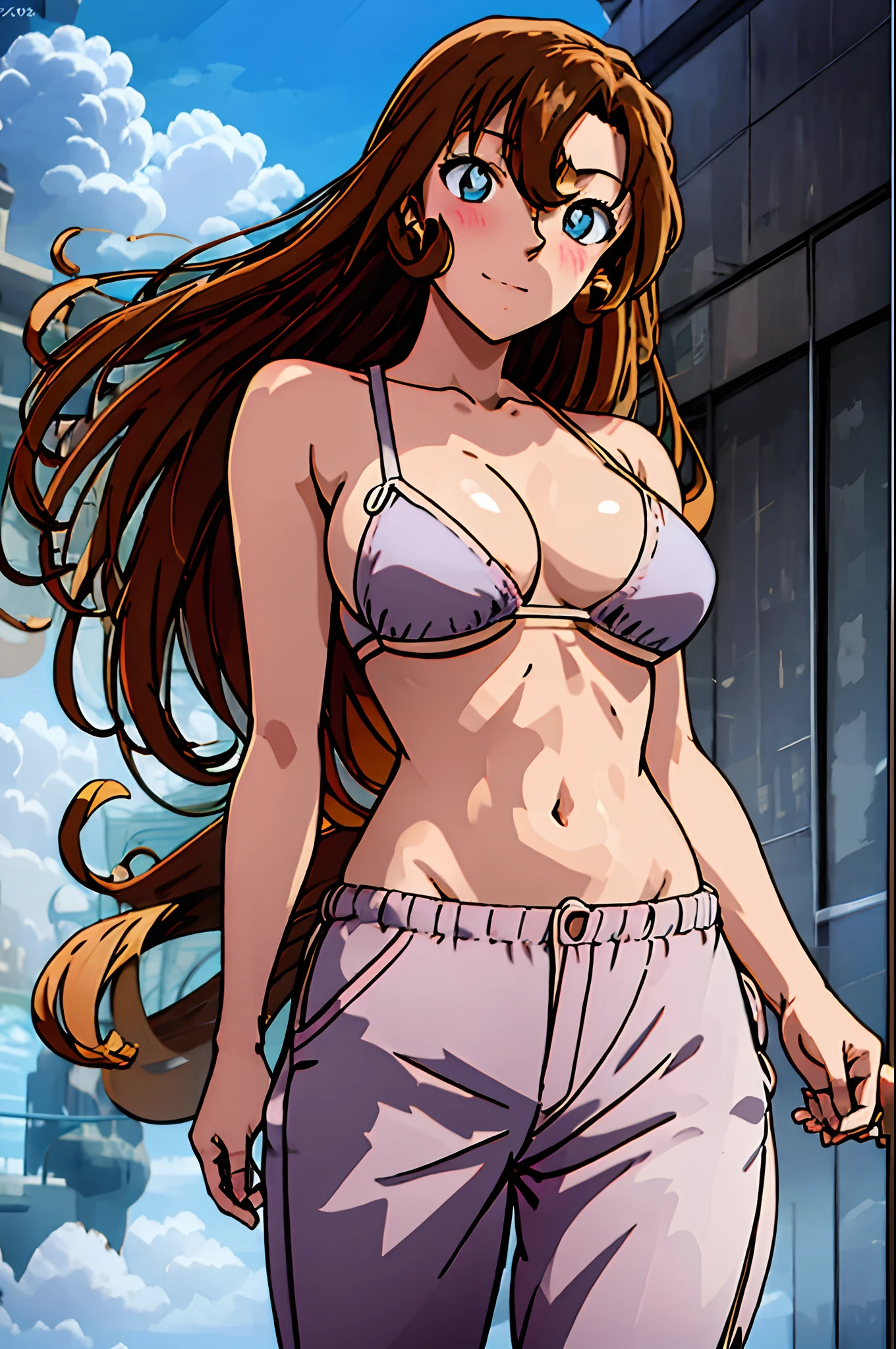 ((masterpiece)),((best quality)),ultra-detailed,illustration,1girl, solo, brown hair, long hair, flower, pants, midriff, crop top, breasts, looking at viewer, cleavage, brown eyes, beach, navel, medium breasts, bikini top, head tilt, knee up, closed mouth, bare shoulders, grey eyes, cloud, bangs, ,Beautiful body, Beautiful Nose, Beautiful character design, perfect eyes, perfect face, alluring, wallpaper, perfect lighting, Colorful, ultra highres,4K,photography, (medium breasts:1.2),(beautiful face:1.2),(narrow waist), shiny skin, anime screencap ,from below, mature female, full body, meitantei conan, standing, ((milf)), 37 years old