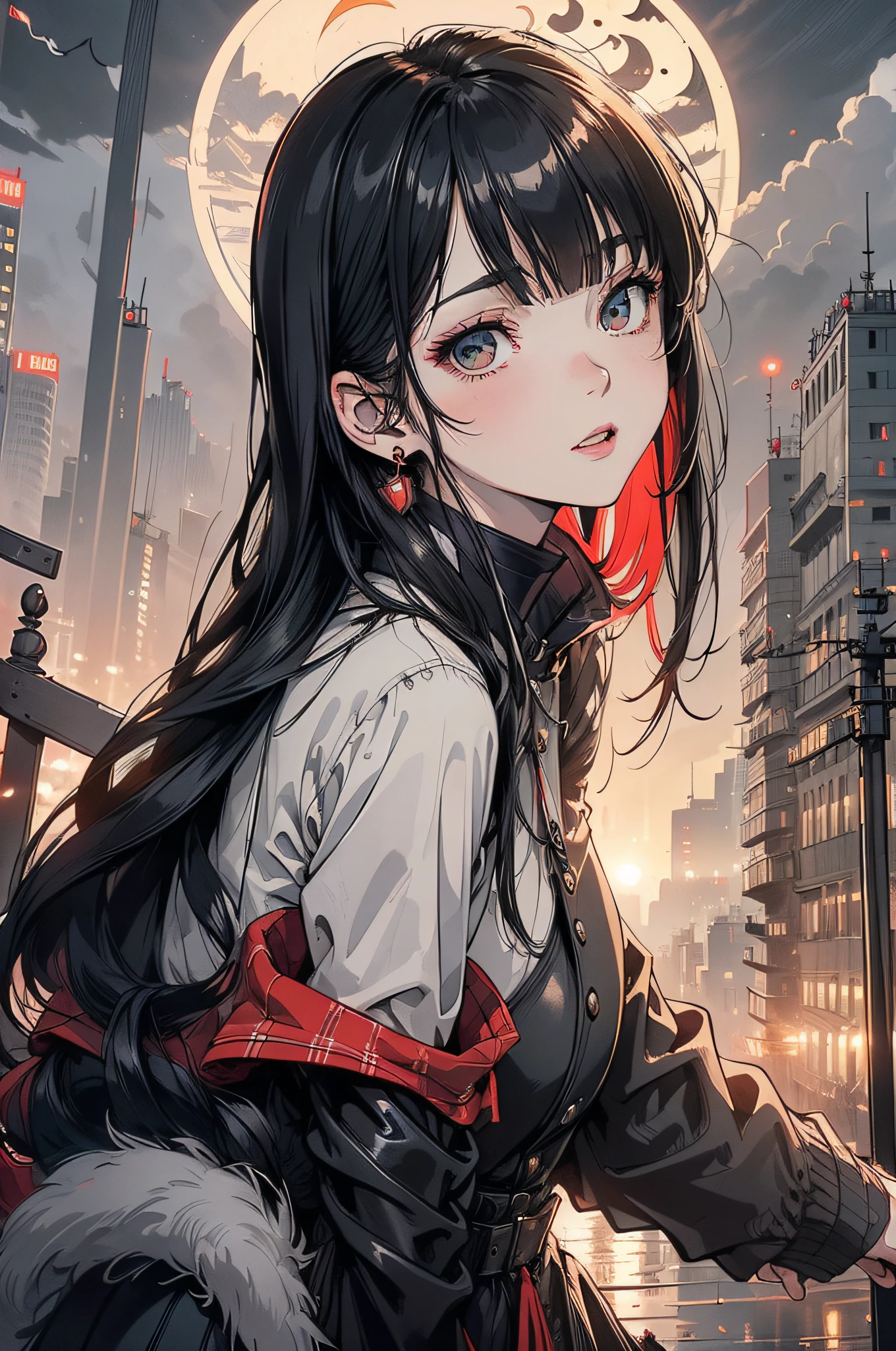 (Best quality), (Masterpiece), (Photorealistic), (Realistic), Super detailed, Unity 8k wallpaper, highly detailed CG, Ray traching, Sharp shadows, Great detail, Depth of field, Super detailed background, Cyberpunk vampire girl, latex, (Rest at the top of a skyscraper, She looked up at the crescent moon,The expression was ecstatic,Shrouded in a thin red mist。.) :1.6, Future City, At the top of the city's tallest skyscraper, Slim crescent, Side shot, Wide shot, minaret, simulacrum,