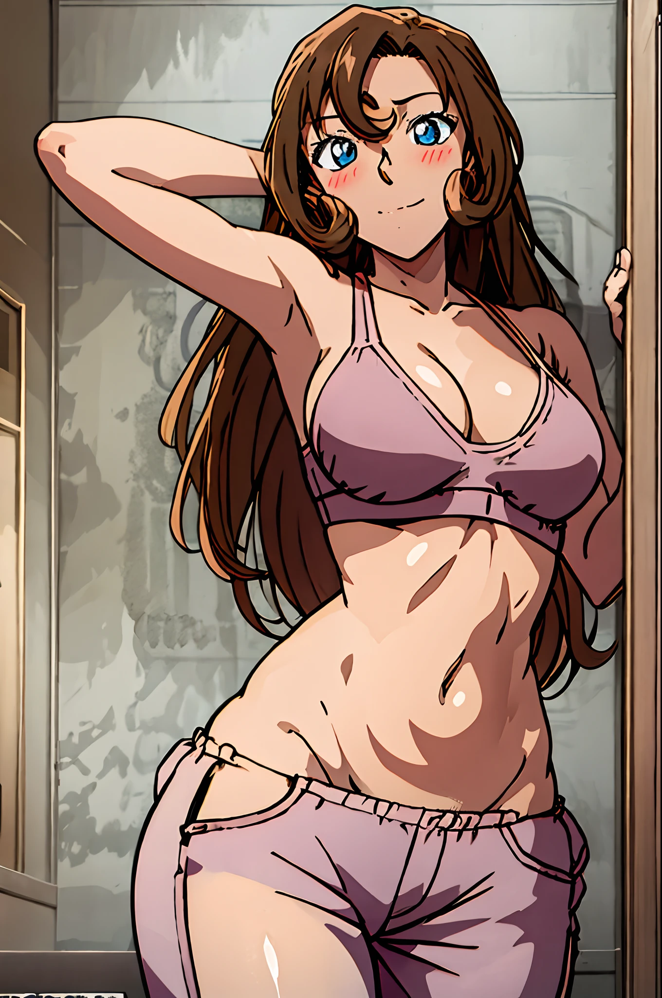 ((masterpiece)),((best quality)),ultra-detailed,illustration,1girl, solo, brown hair, long hair, flower, pants, midriff, crop top, breasts, looking at viewer, cleavage, brown eyes, beach, navel, medium breasts, bikini top, head tilt, knee up, closed mouth, bare shoulders, grey eyes, cloud, bangs, ,Beautiful body, Beautiful Nose, Beautiful character design, perfect eyes, perfect face, alluring, wallpaper, perfect lighting, Colorful, ultra highres,4K,photography, (medium breasts:1.2),(beautiful face:1.2),(narrow waist), shiny skin, anime screencap ,from below, mature female, full body, meitantei conan, standing, ((milf)), 37 years old