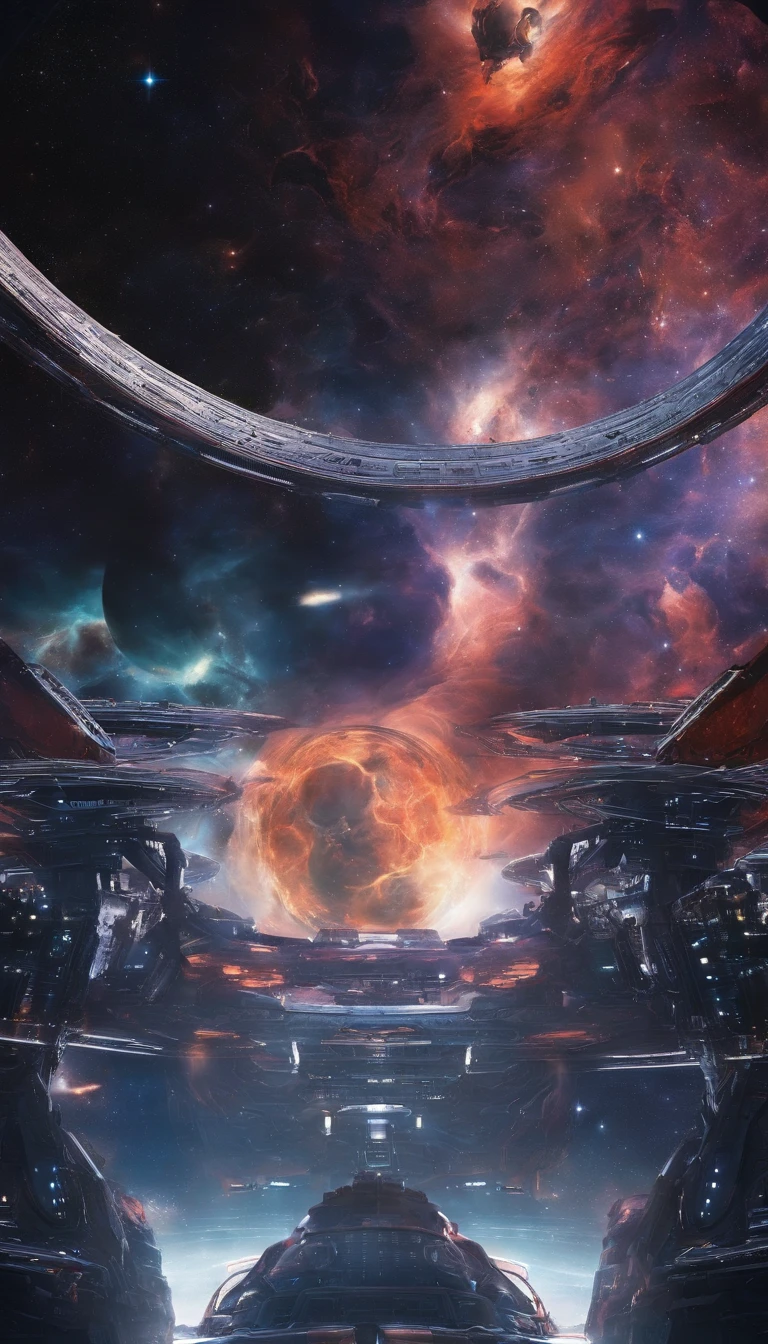 ((Masterpiece)),(Best quality)),Magnificent space image scene,heavenly body,Interstellar,Huge star gates,(((Huge starship))),Spaceship,Shining starry sky,8K,super-fine,high qulity
