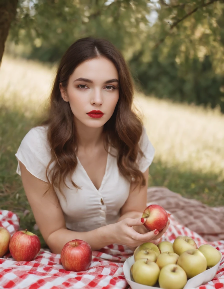 girl on a picnic blanket with apples and picnic tables, in the style of surreal fashion photography, white and gold, animated gifs, , photo taken with ektachrome, portraits, self-portraits, kawaii chic .