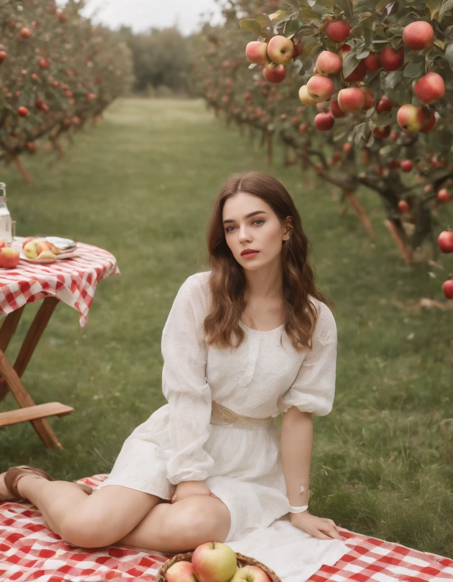 girl on a picnic blanket with apples and picnic tables, in the style of surreal fashion photography, white and gold, animated gifs, , photo taken with ektachrome, portraits, self-portraits, kawaii chic .