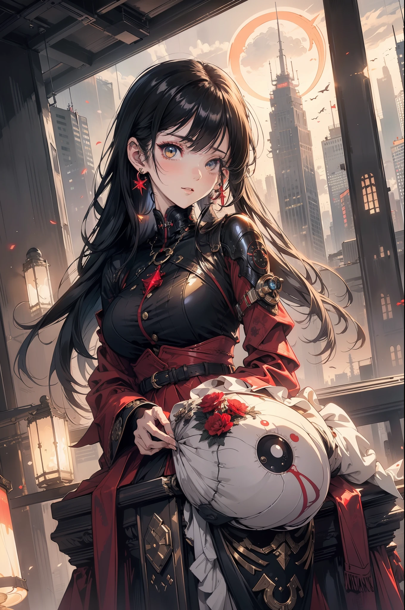 (Best quality), (Masterpiece), (Photorealistic), (Realistic), Super detailed, Unity 8k wallpaper, highly detailed CG, Ray traching, Sharp shadows, Great detail, Depth of field, Super detailed background, Cyberpunk vampire girl, latex, (Rest at the top of a skyscraper, She looked up at the crescent moon，The expression was ecstatic，Shrouded in a thin red mist。.) :1.6, Future City, At the top of the city's tallest skyscraper, Slim crescent, Side shot, Wide shot, minaret, simulacrum,