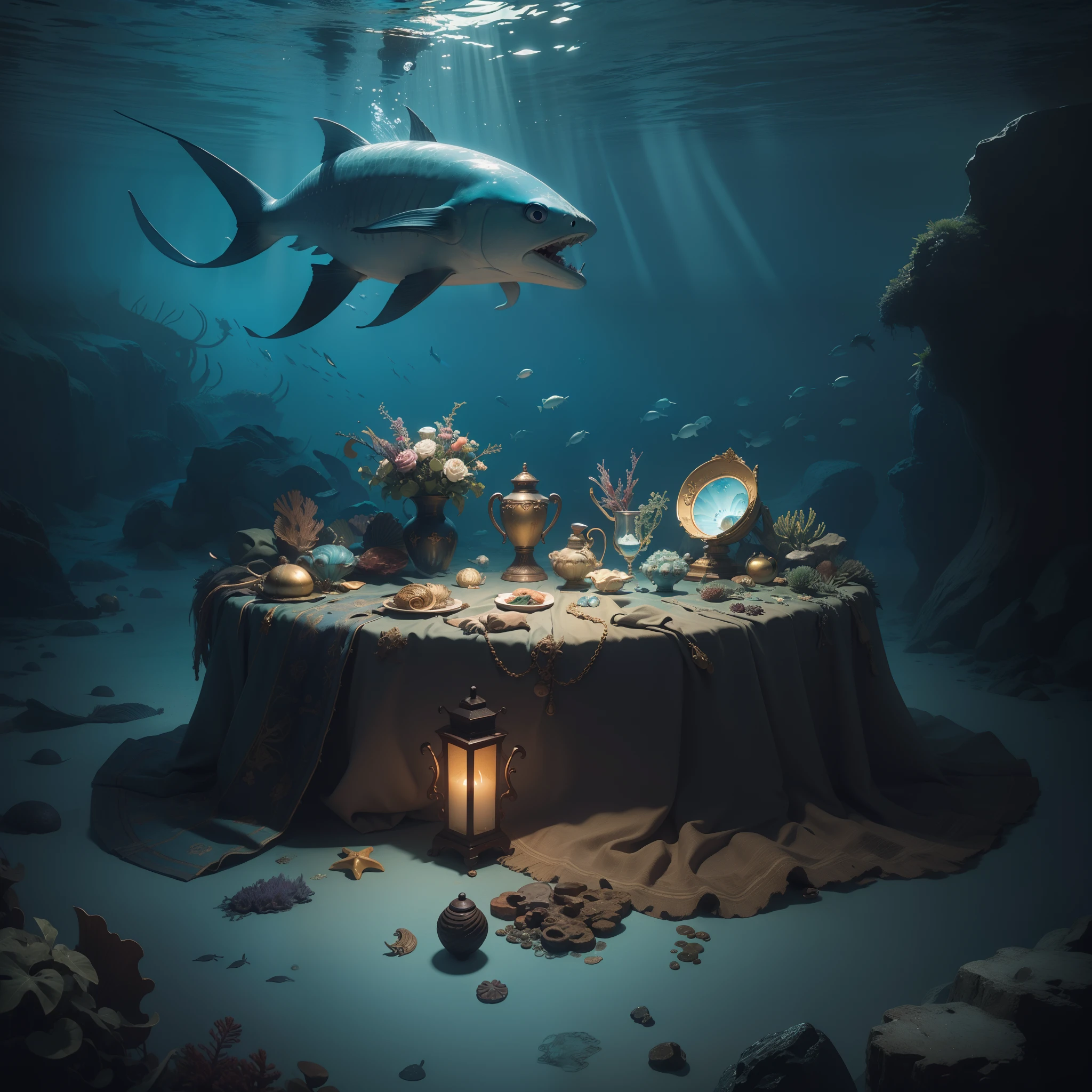 masterpiece, Super Detail, High quality, awardwinning, 8K, (Treasures sinking to the bottom of the ocean), Fine decoration, Treasures included, ocean floor, In the sea, Under the sea, (Under the deep sea), Underwater Photography, vignetting