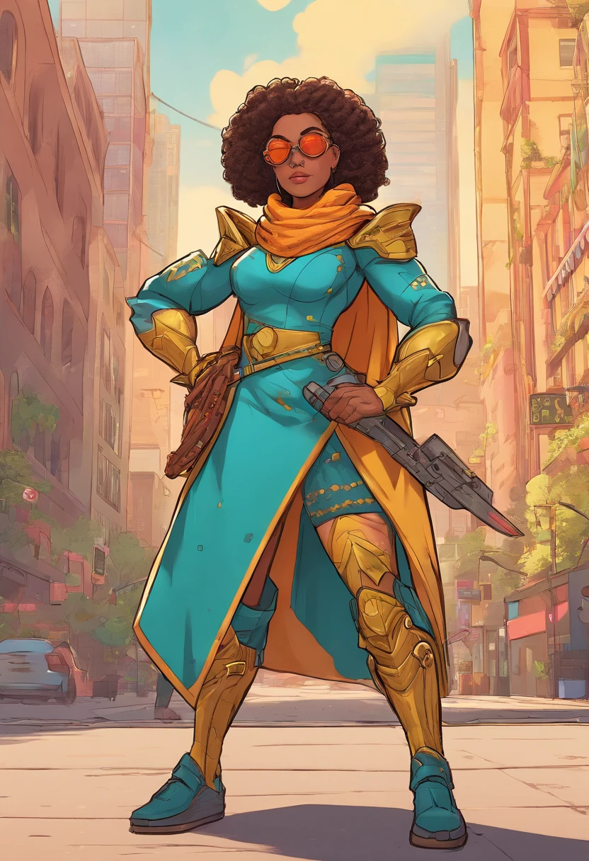 "Generate an image of a female guardian in a cartoon-style solarpunk-inspired eco-street knight's attire within a city street. She has a slightly larger head, simplified and caricatured facial features, with dark hair tied into a bun. She wears a lightweight, golden solar-powered full-body armor with a star-shaped crest on her chest. Her face is uncovered, showing determination. The guardian has a stylized, cartoonish appearance, with proportions emphasizing her character. The city is a lush, eco-friendly metropolis with integrated solar tech, and she represents sustainability and protection in this whimsical urban scene."