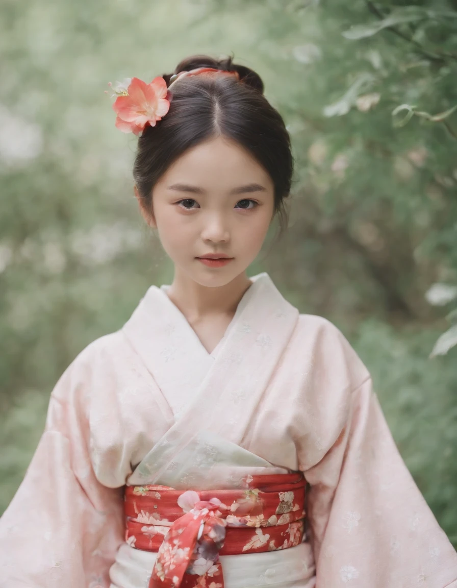 Japan kimono, Kawaii aesthetic style, New Pop Meadows, Put the flowers in your nose and smell, Blush, Fair skin, cheerfulness, 7 year old girl，Barefoot，full bodyesbian，Shoot at medium distance