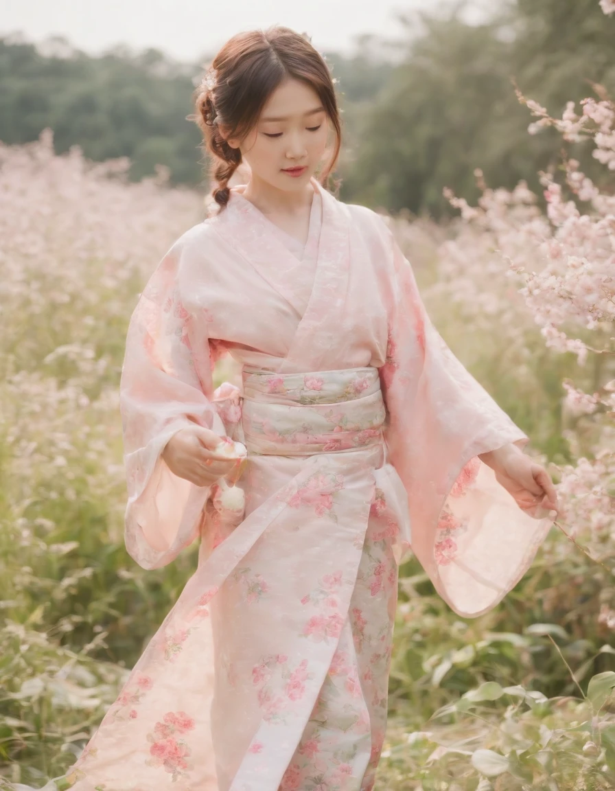 Japan kimono, Kawaii aesthetic style, New Pop Meadows, Put the flowers in your nose and smell, Blush, Fair skin, cheerfulness, 7 year old girl,Barefoot,full bodyesbian,Shoot at medium distance